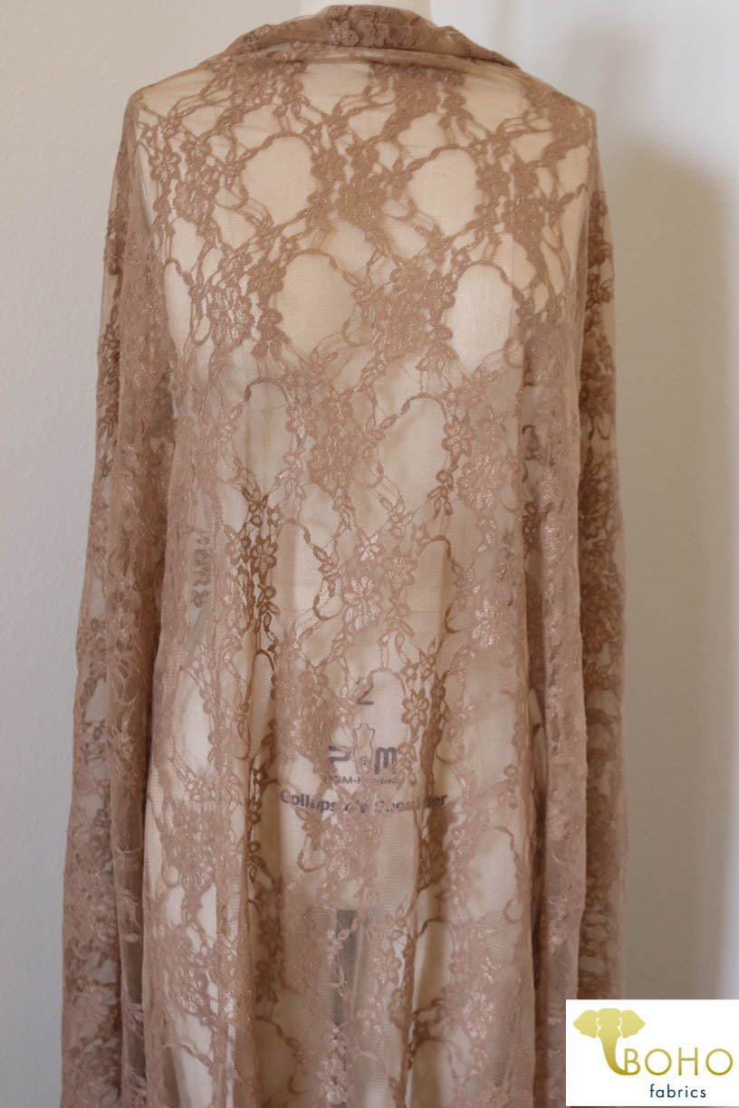 Petite Floral Stretch Lace in Deep Taupe. SL-108-BRWN. - Boho Fabrics