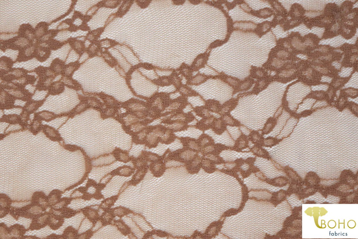 Petite Floral Stretch Lace in Deep Taupe. SL-108-BRWN. - Boho Fabrics