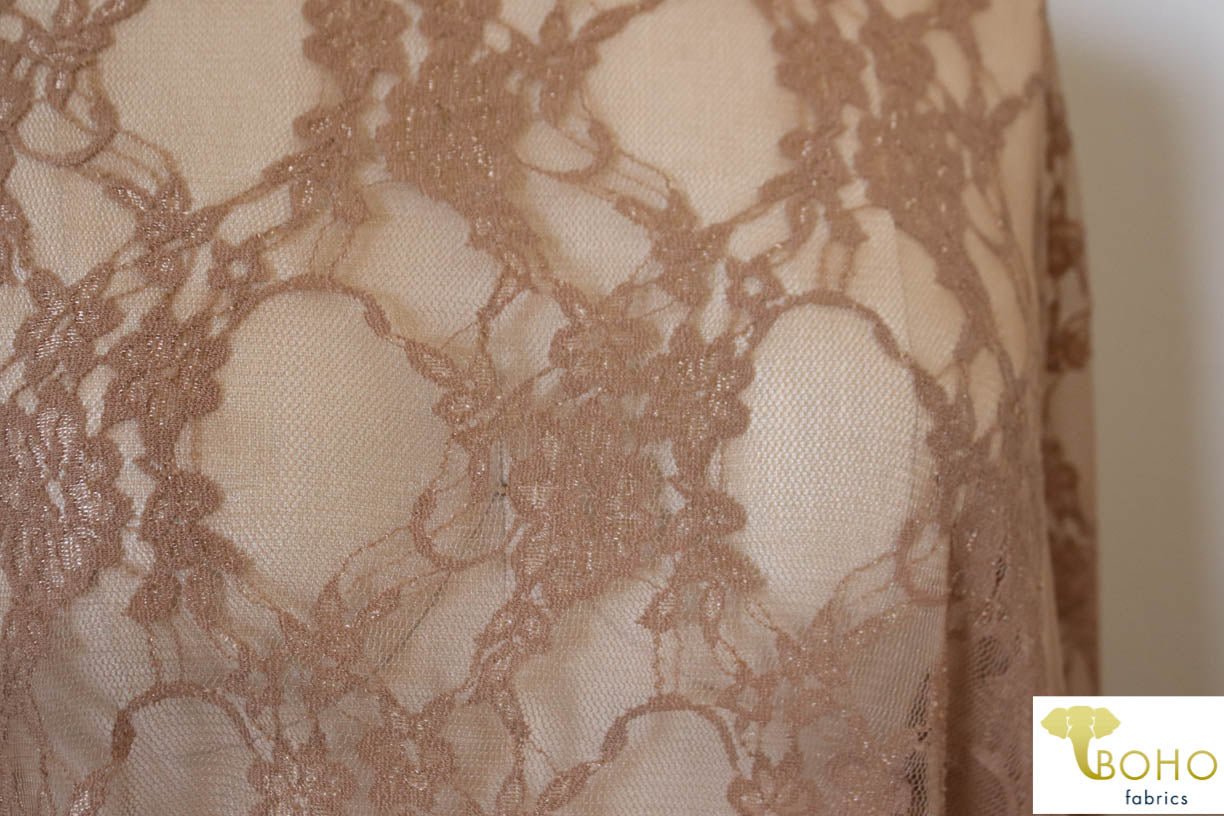 Petite Floral Stretch Lace in Deep Taupe. SL-108-BRWN. - Boho Fabrics