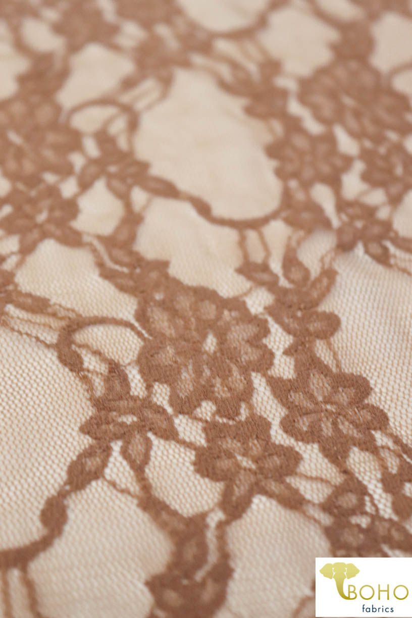 Petite Floral Stretch Lace in Deep Taupe. SL-108-BRWN. - Boho Fabrics
