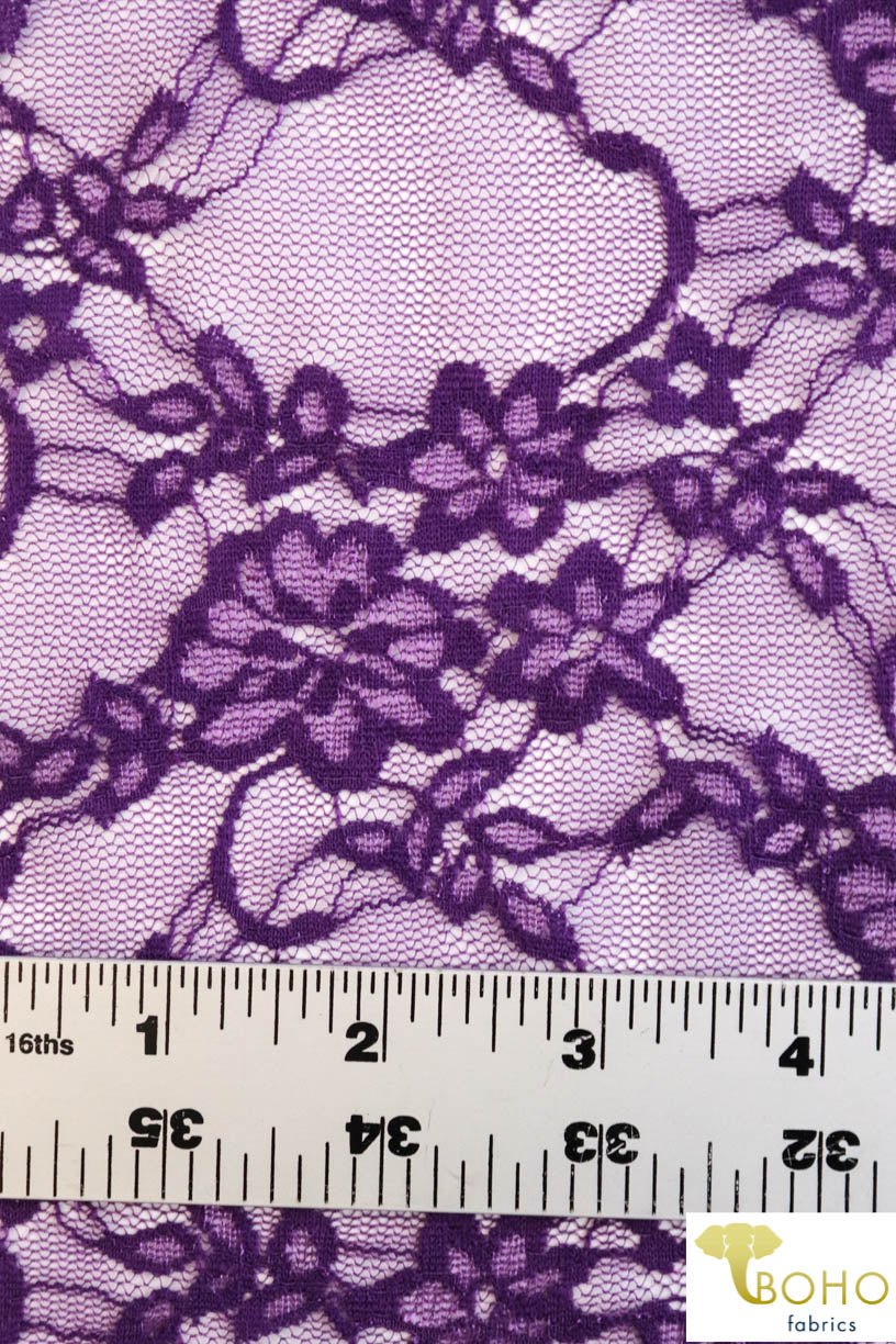Petite Floral Stretch Lace in Grape Purple. SL-108-PURP. - Boho Fabrics
