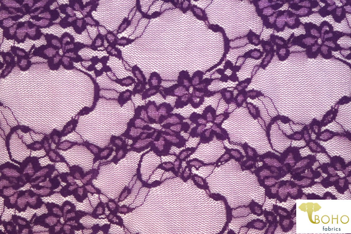 Petite Floral Stretch Lace in Grape Purple. SL-108-PURP. - Boho Fabrics