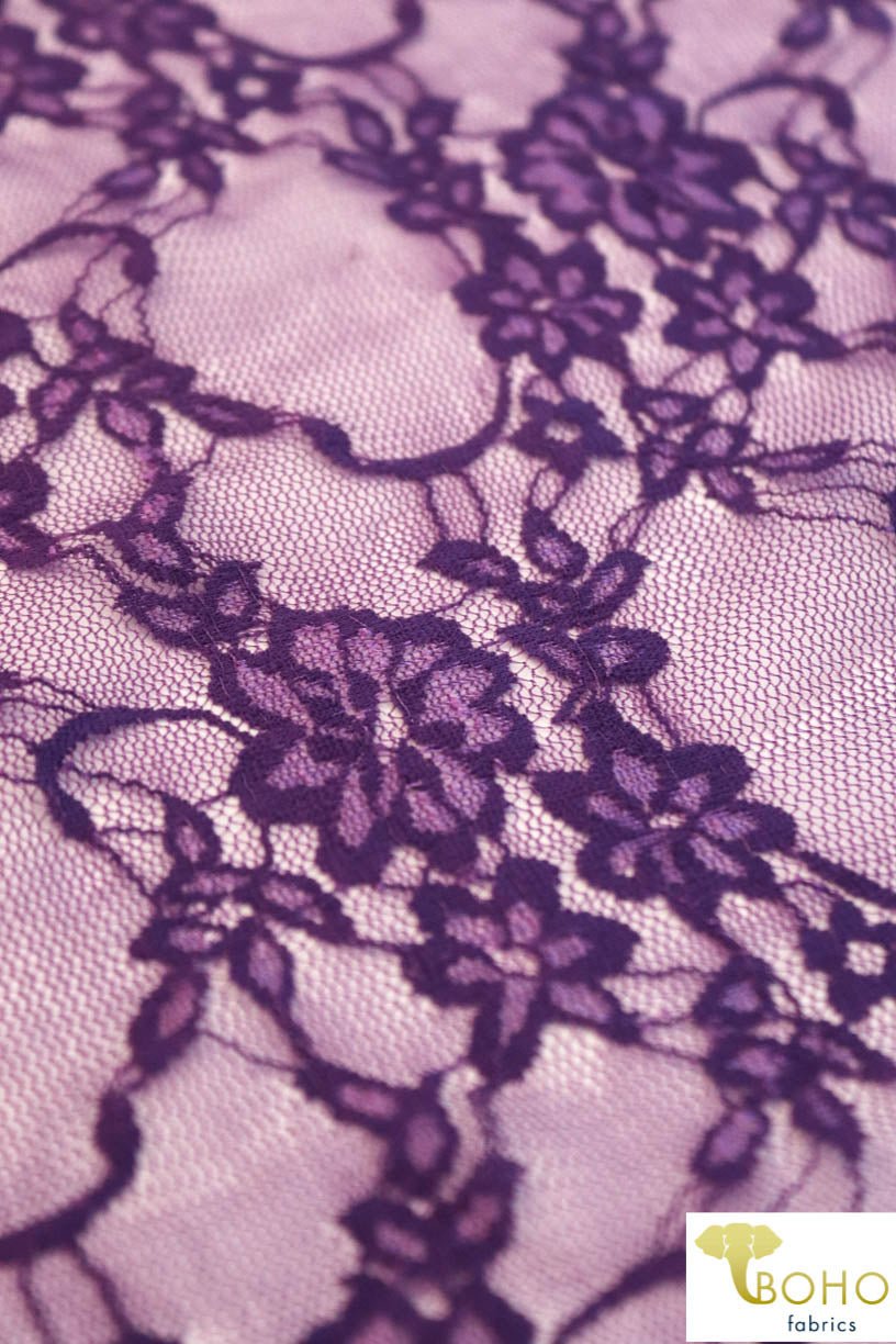 Petite Floral Stretch Lace in Grape Purple. SL-108-PURP. - Boho Fabrics