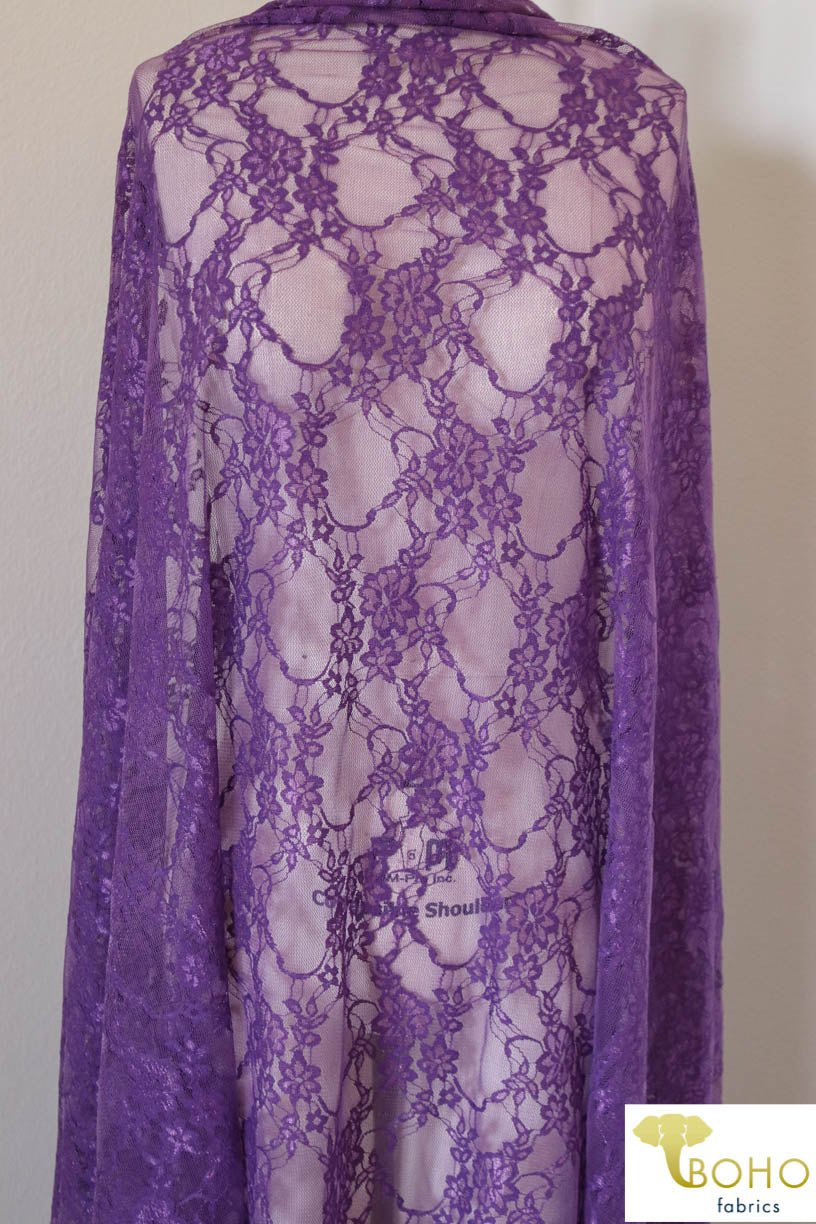 Petite Floral Stretch Lace in Grape Purple. SL-108-PURP. - Boho Fabrics
