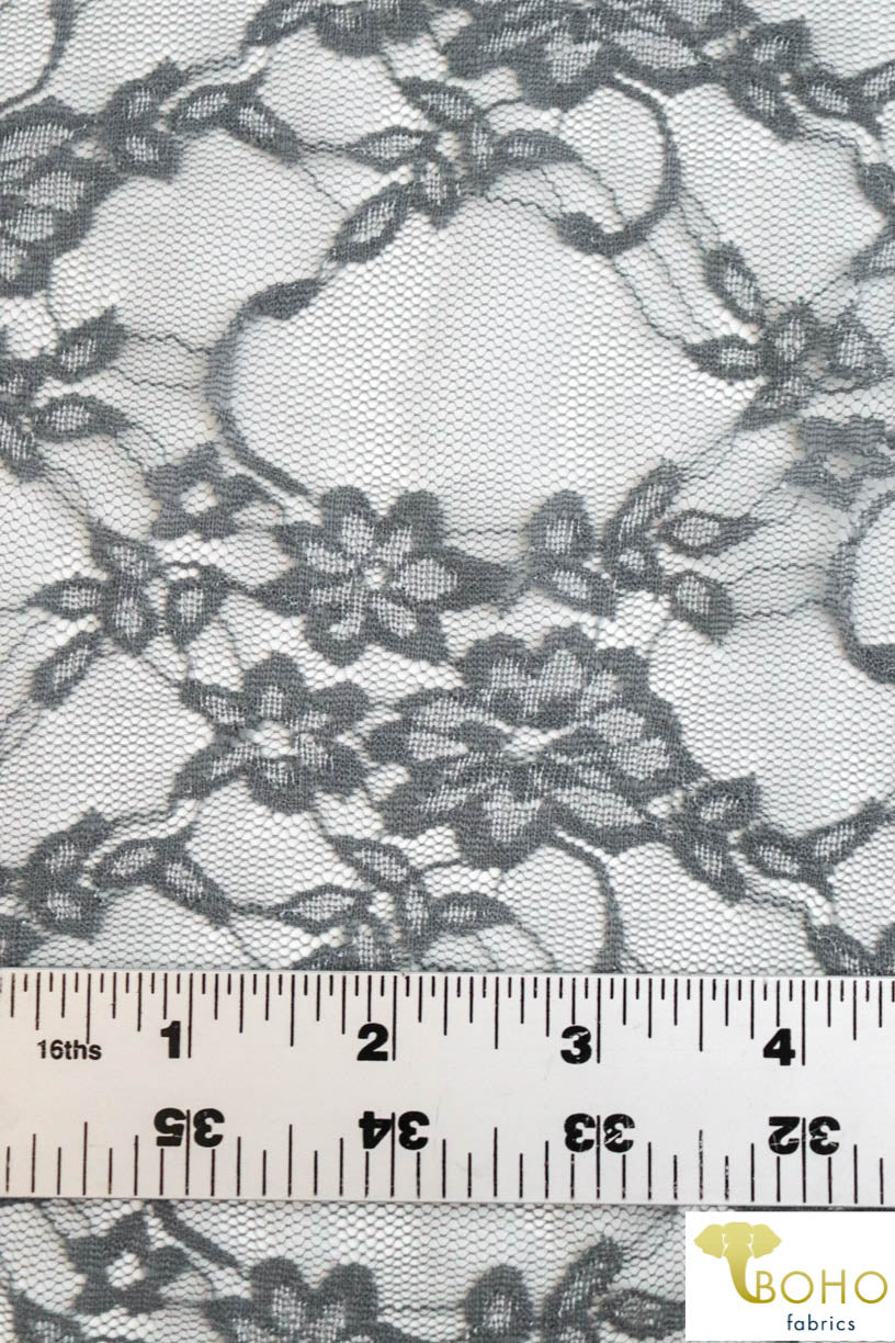 Petite Floral Stretch Lace in Gray. SL-108-GRY. - Boho Fabrics