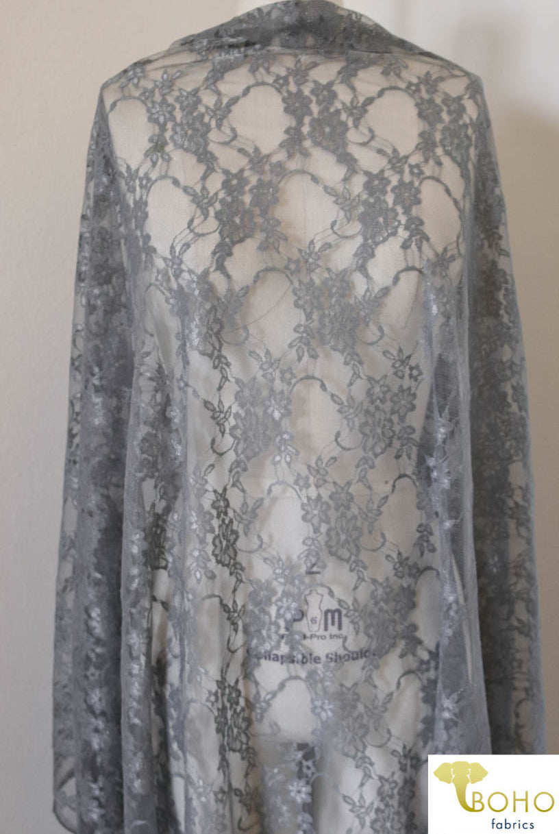 Petite Floral Stretch Lace in Gray. SL-108-GRY. - Boho Fabrics
