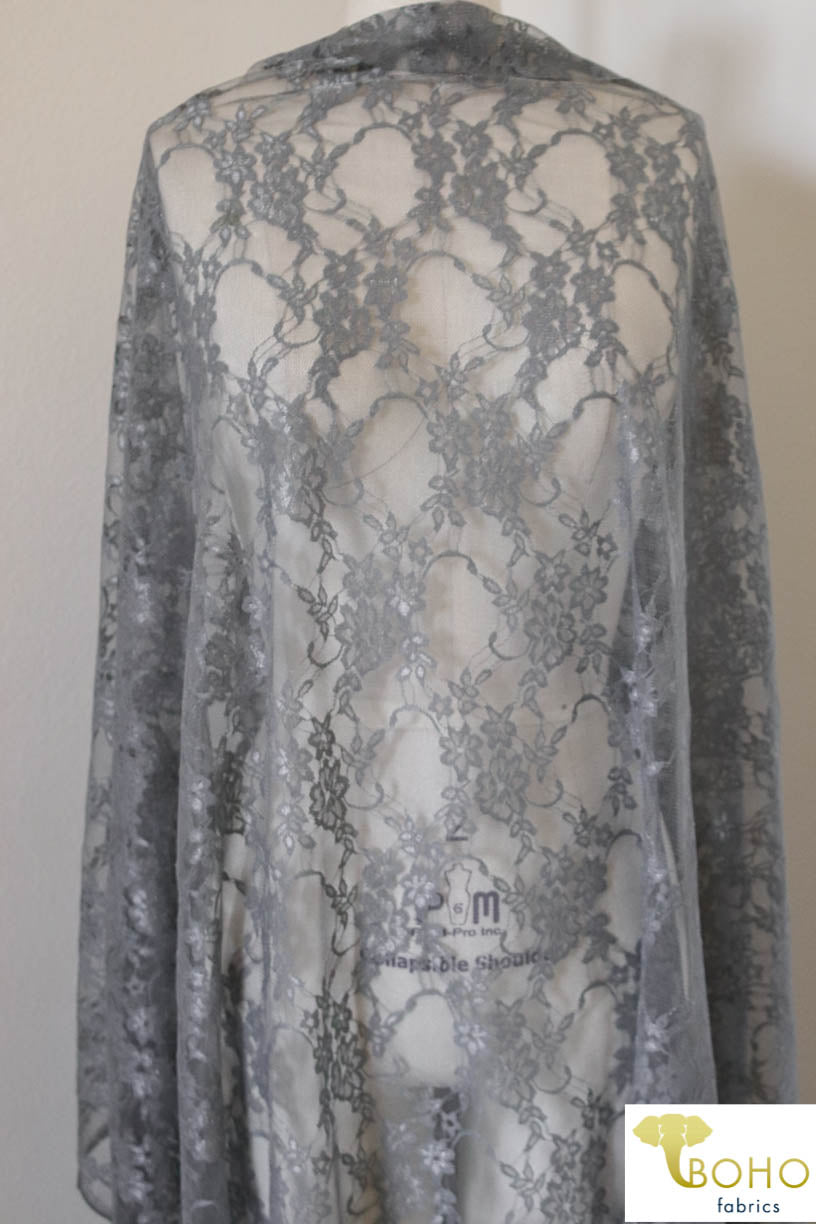 Petite Floral Stretch Lace in Gray. SL-108-GRY. - Boho Fabrics