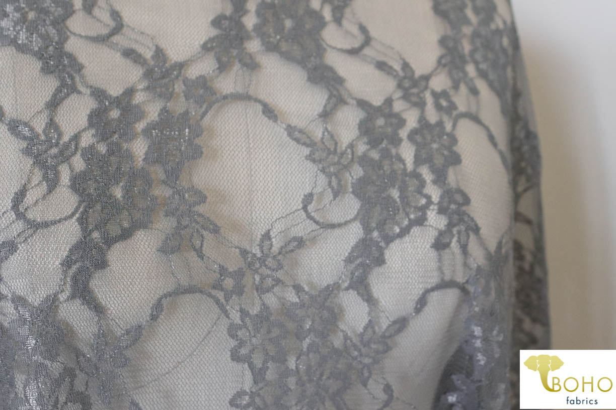 Petite Floral Stretch Lace in Gray. SL-108-GRY. - Boho Fabrics