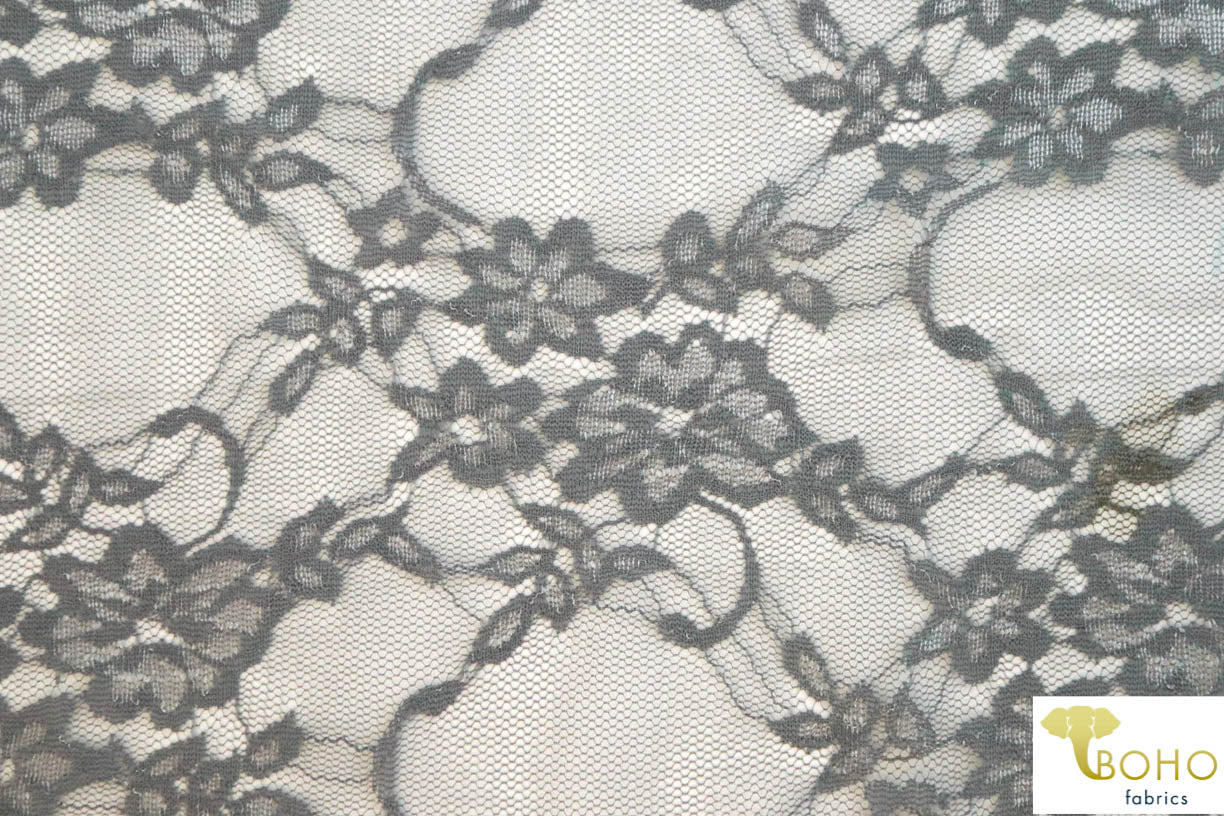 Petite Floral Stretch Lace in Gray. SL-108-GRY. - Boho Fabrics