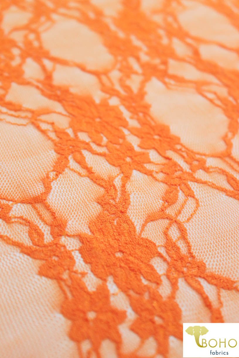 Petite Floral Stretch Lace in Orange. SL-108-ORG. - Boho Fabrics