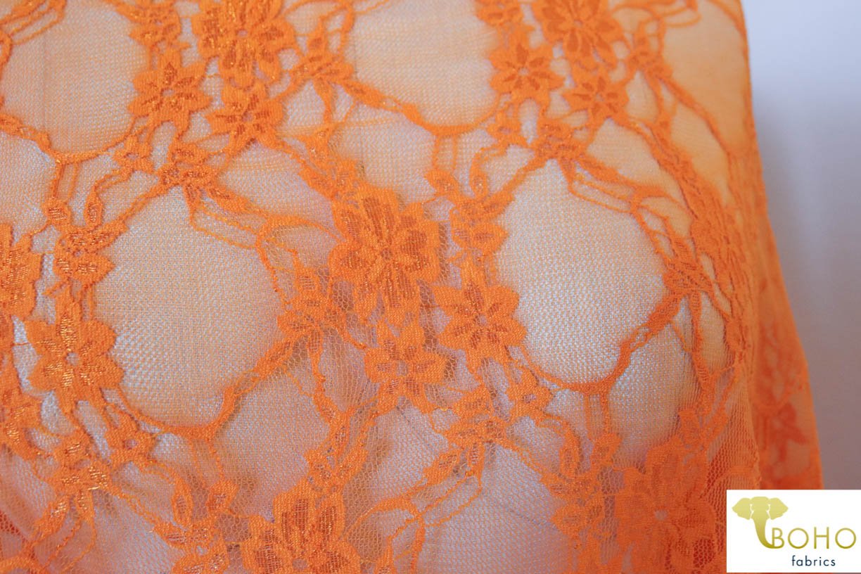 Petite Floral Stretch Lace in Orange. SL-108-ORG. - Boho Fabrics
