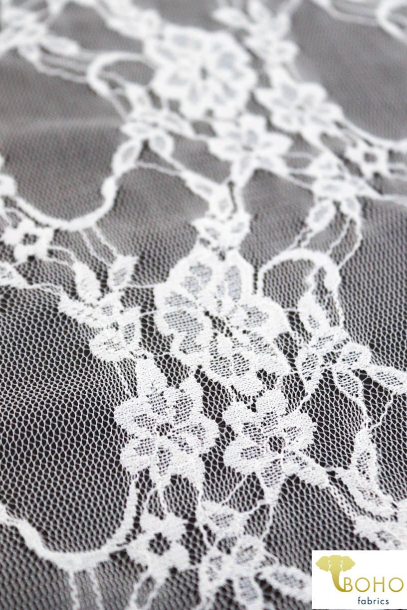 Petite Floral Stretch Lace in Pearl. SL-108-PRL. - Boho Fabrics