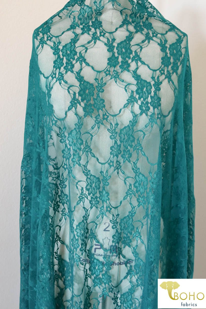 Petite Floral Stretch Lace in Teal. SL-108-TEAL. - Boho Fabrics