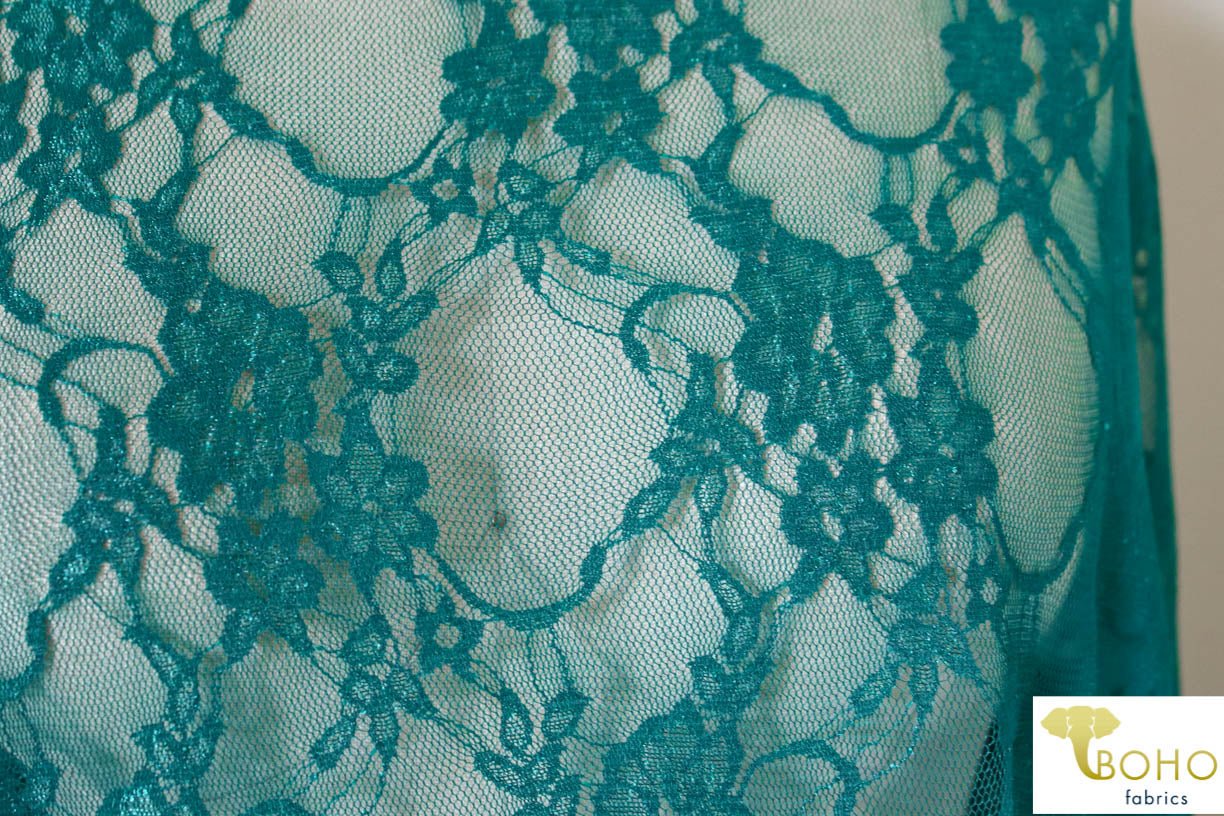 Petite Floral Stretch Lace in Teal. SL-108-TEAL. - Boho Fabrics