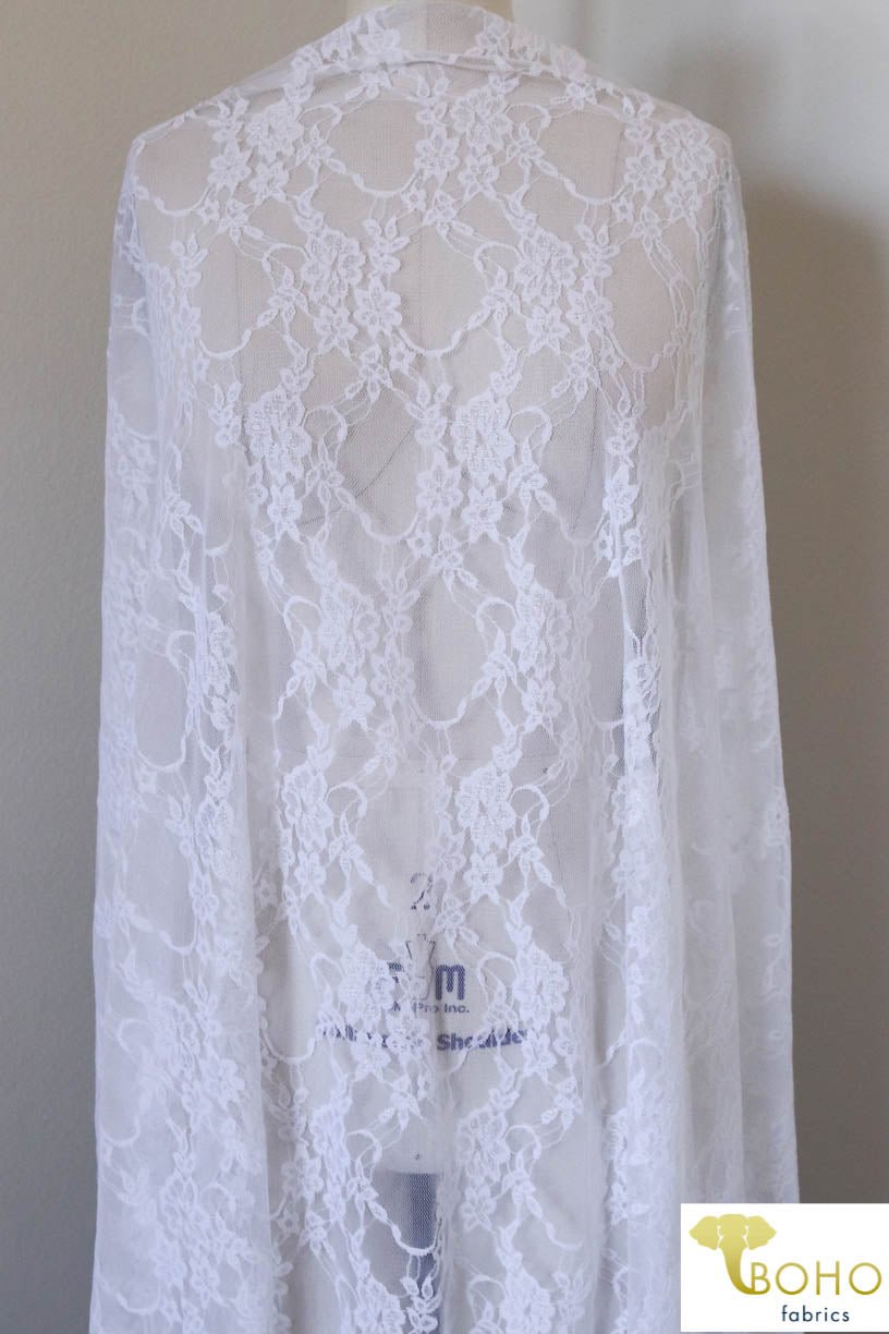 Petite Floral Stretch Lace in White. SL-108-WHT. - Boho Fabrics