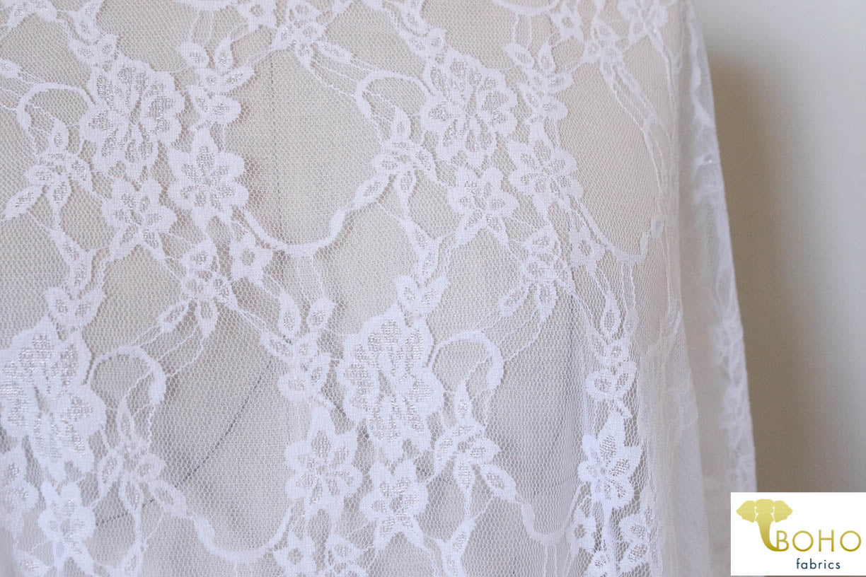 Petite Floral Stretch Lace in White. SL-108-WHT. - Boho Fabrics