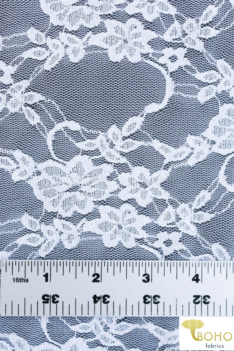 Petite Floral Stretch Lace in White. SL-108-WHT. - Boho Fabrics