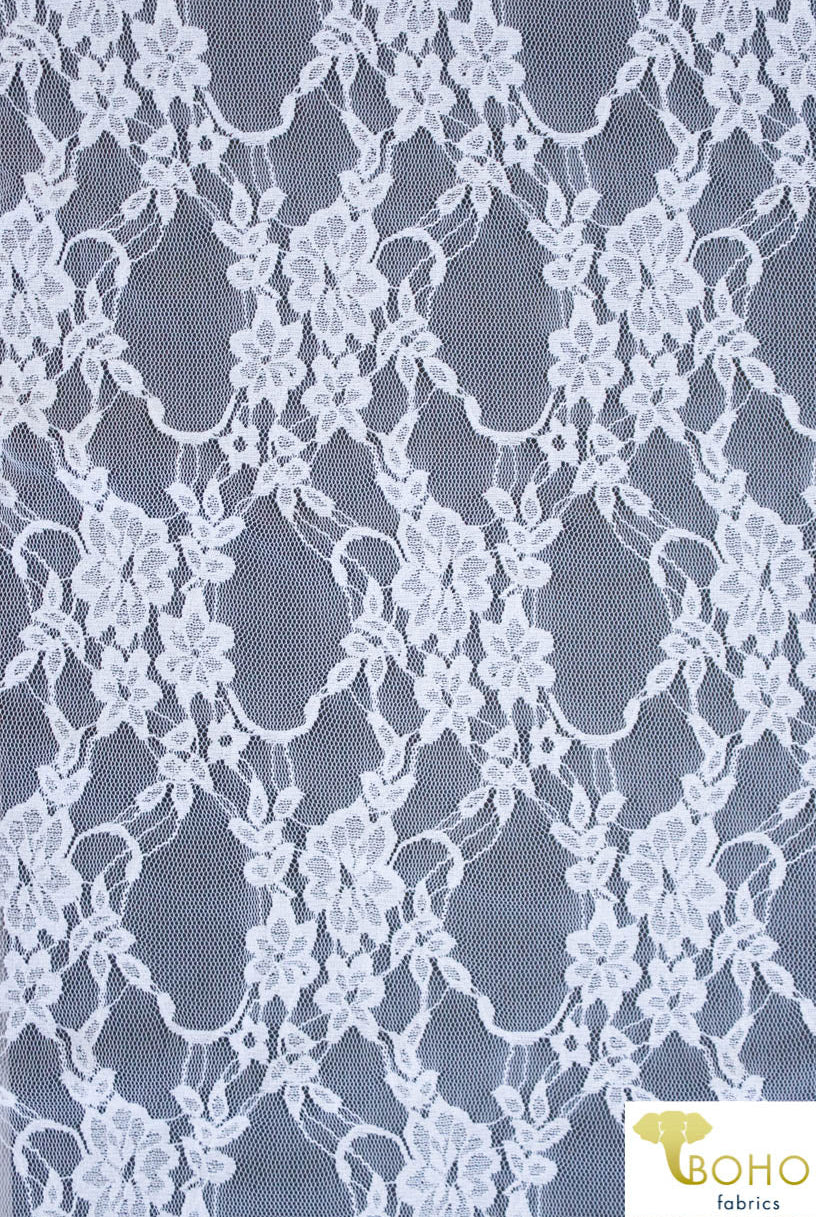 Petite Floral Stretch Lace in White. SL-108-WHT. - Boho Fabrics
