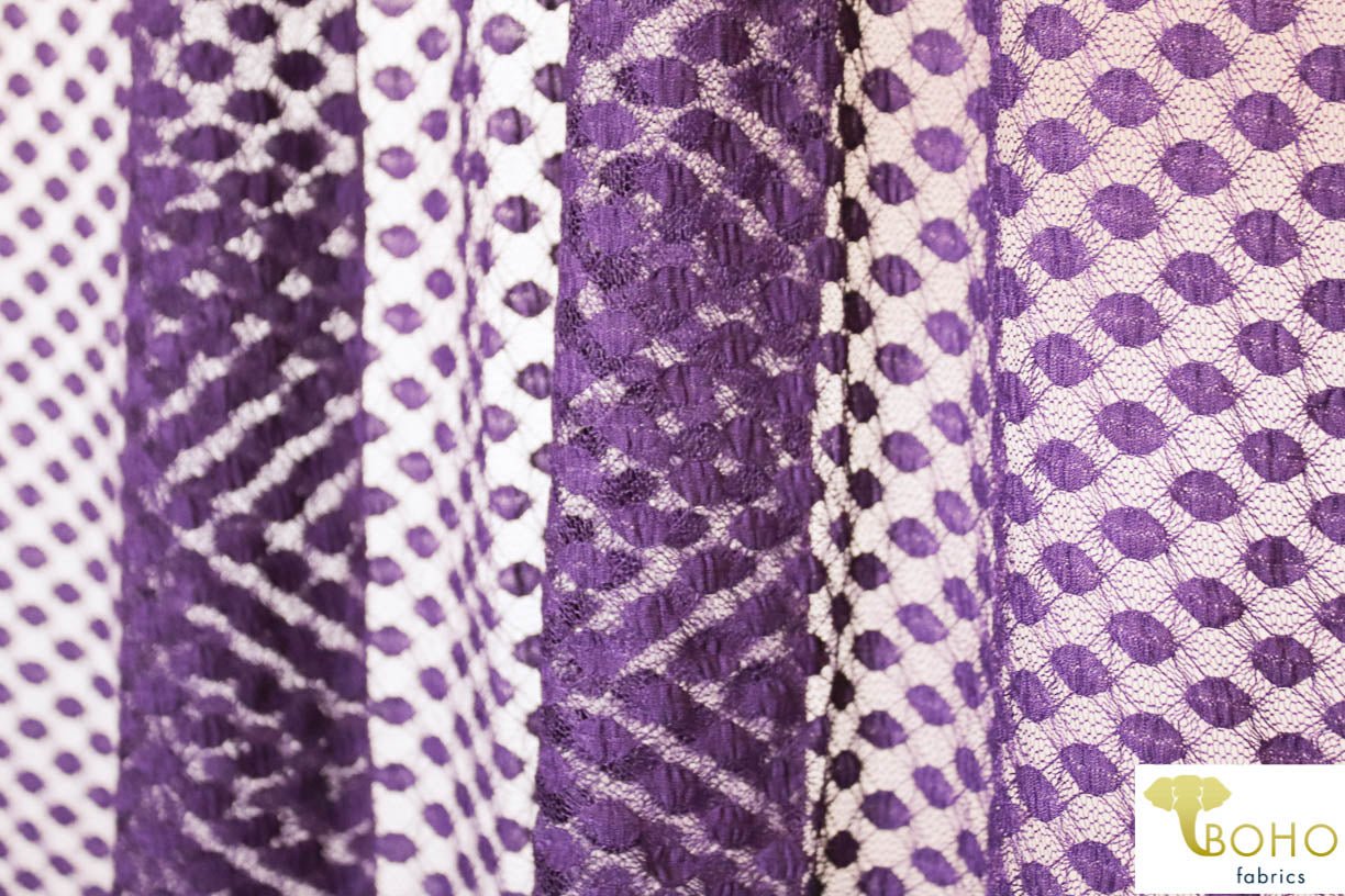 Petite Polka Dot in Plum Purple. Stretch Lace. SL-111-PURP - Boho Fabrics