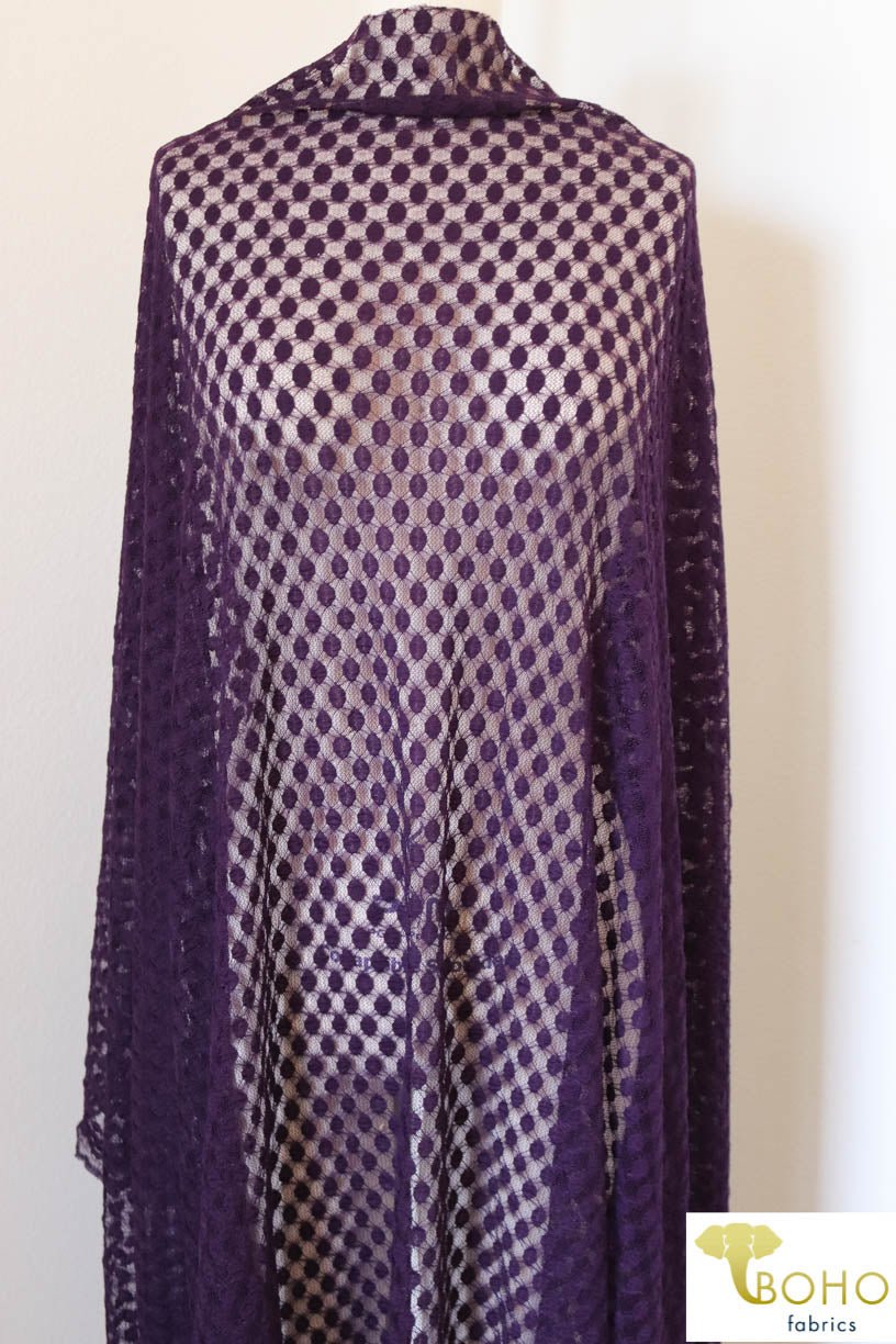 Petite Polka Dot in Plum Purple. Stretch Lace. SL-111-PURP - Boho Fabrics