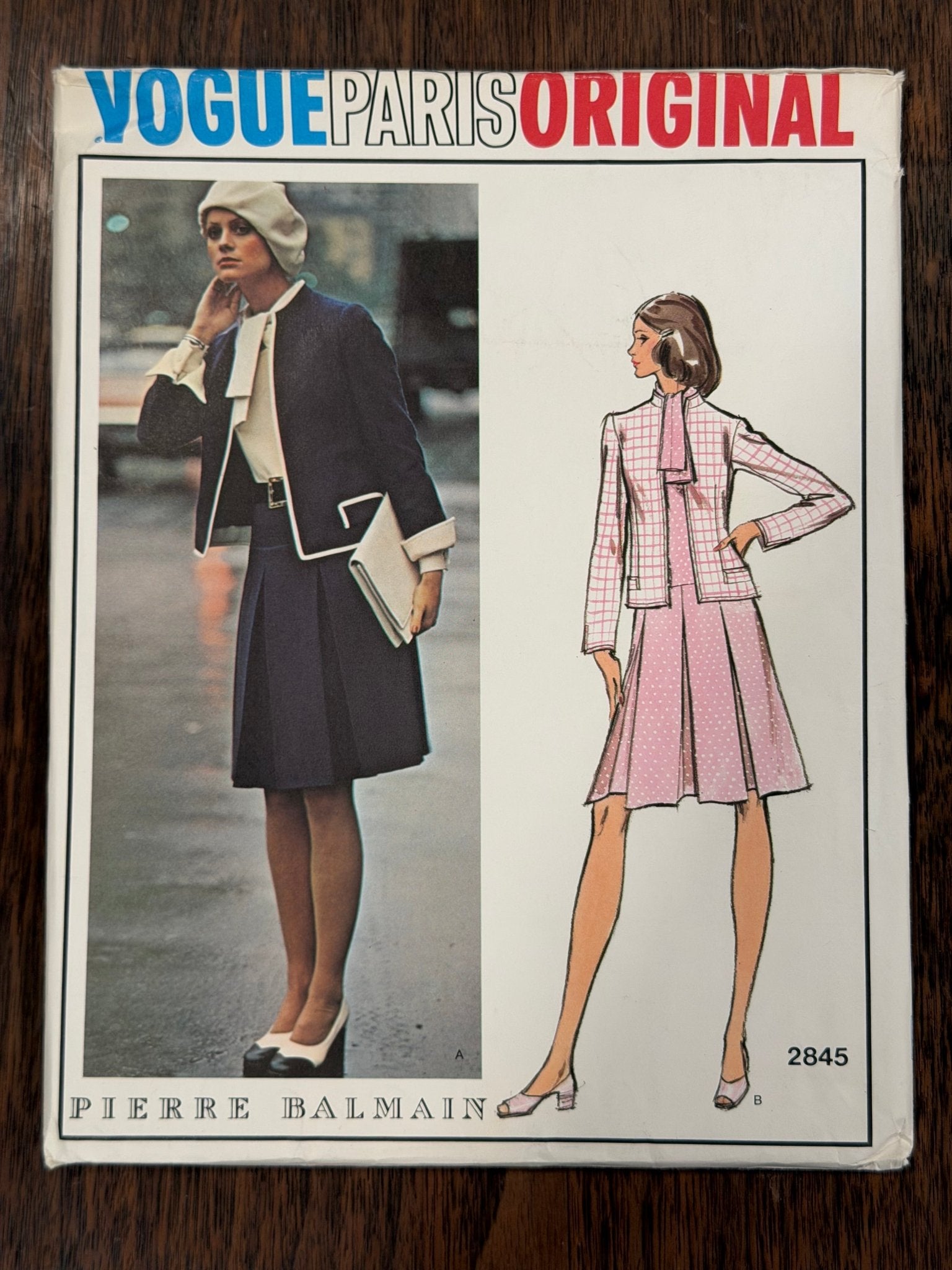 Pierre Balmain | Vogue Paris Original Sewing Pattern #2845 — Tie-Collar Dress with Box-Pleated Skirt & Jacket, Size 8, Vintage 1973 - Boho Fabrics - Sewing Patterns