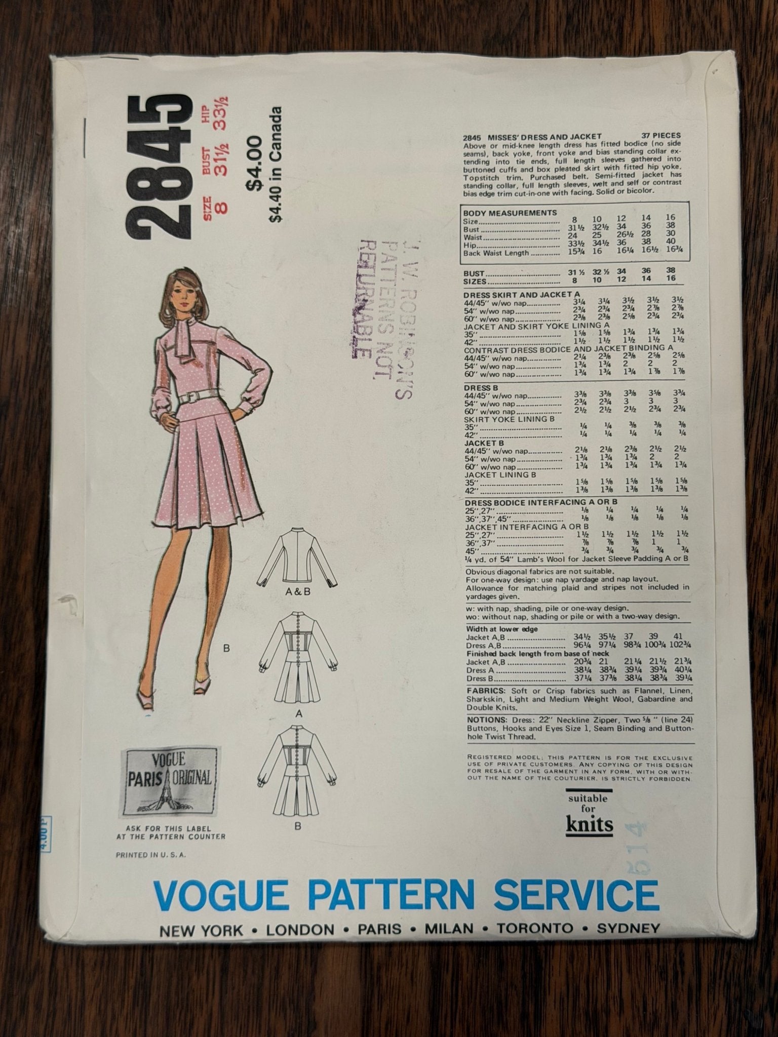 Pierre Balmain | Vogue Paris Original Sewing Pattern #2845 — Tie-Collar Dress with Box-Pleated Skirt & Jacket, Size 8, Vintage 1973 - Boho Fabrics - Sewing Patterns
