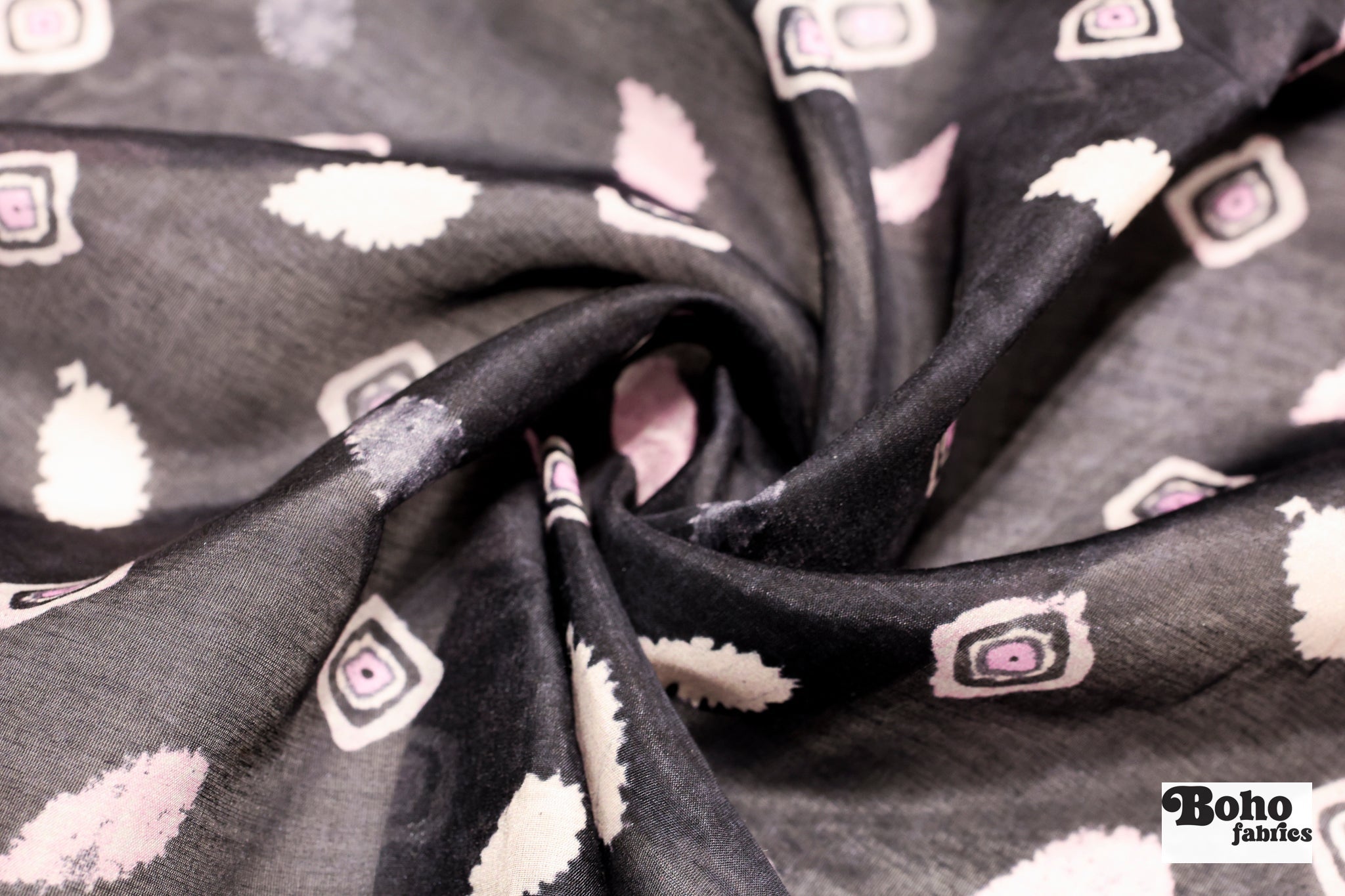 Pink & Black Concentric Diamonds Silk Fabric Pre - Cuts - Boho Fabrics - Woven Fabric