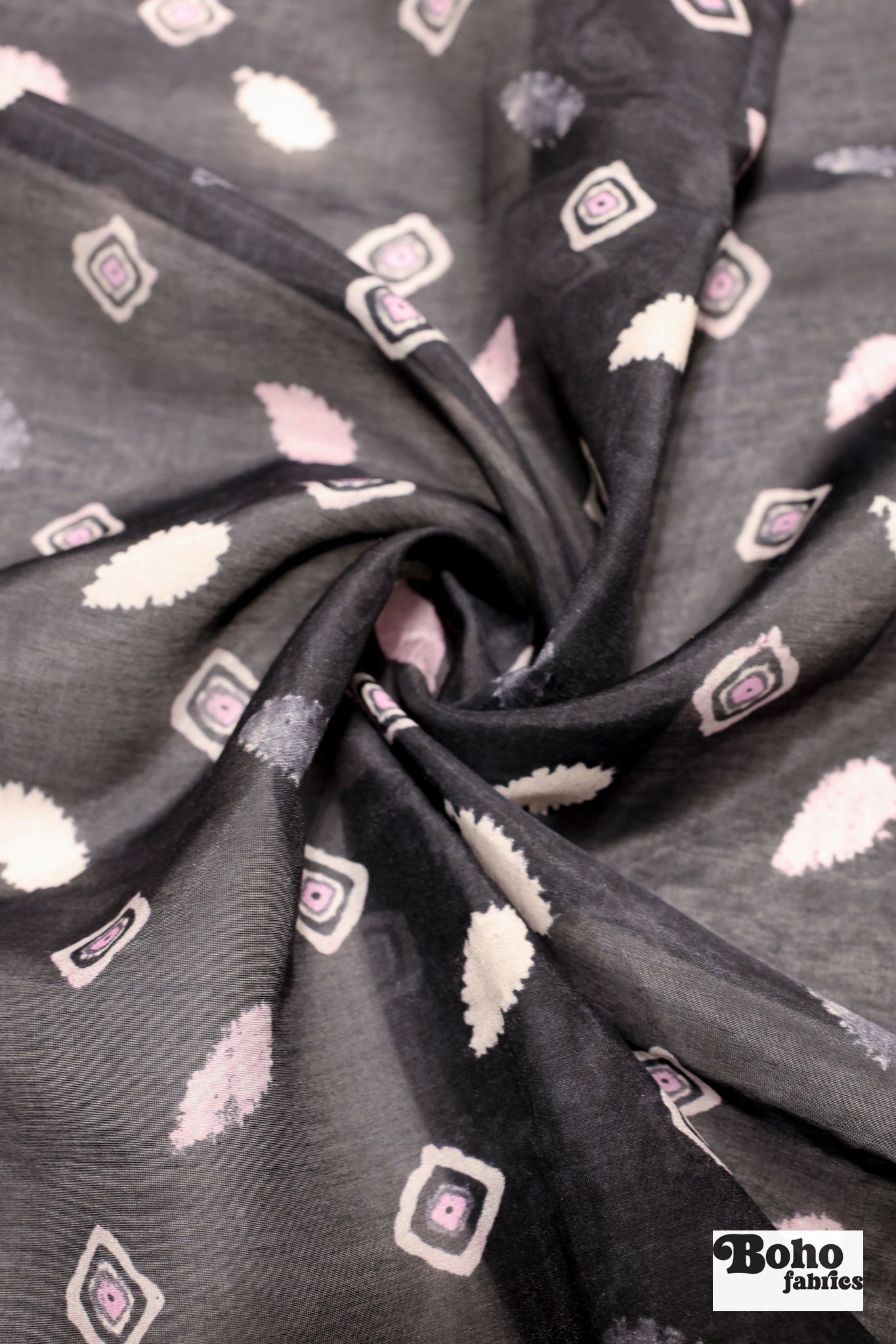 Pink & Black Concentric Diamonds Silk Fabric Pre - Cuts - Boho Fabrics - Woven Fabric