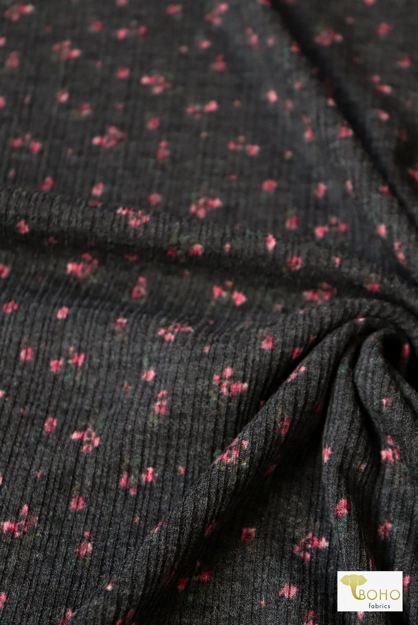 Pink Florals on Gray, Pointelle Rib Knit - Boho Fabrics