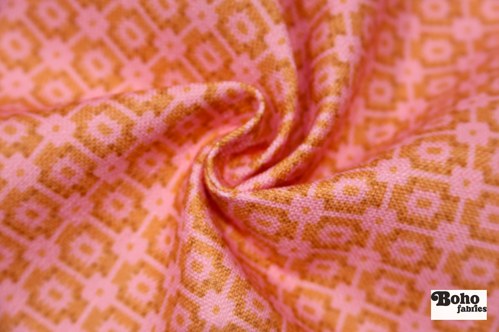 Pink & Orange, Geometric Linen-Look Woven Fabric - Boho Fabrics - Home Dec. & Upholstery Fabric