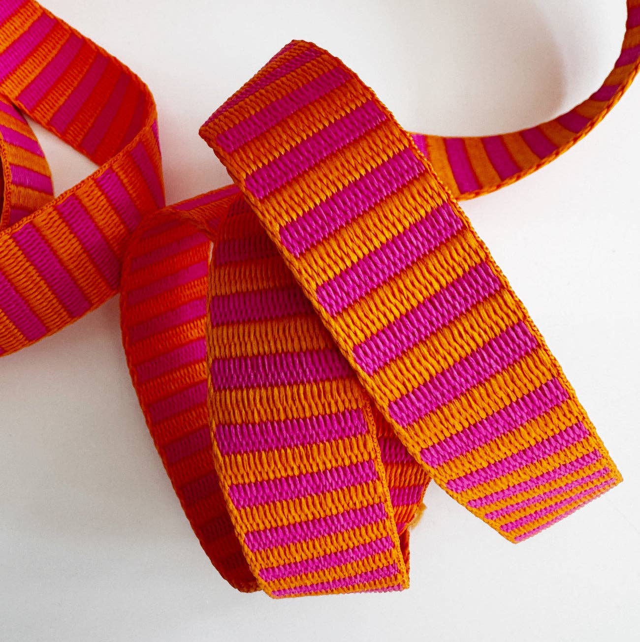 Pink Orange Jacquard Woven Stripes Webbing – 1" Wide, Sold Per Yard. - Boho Fabrics - Bag Making Supplies
