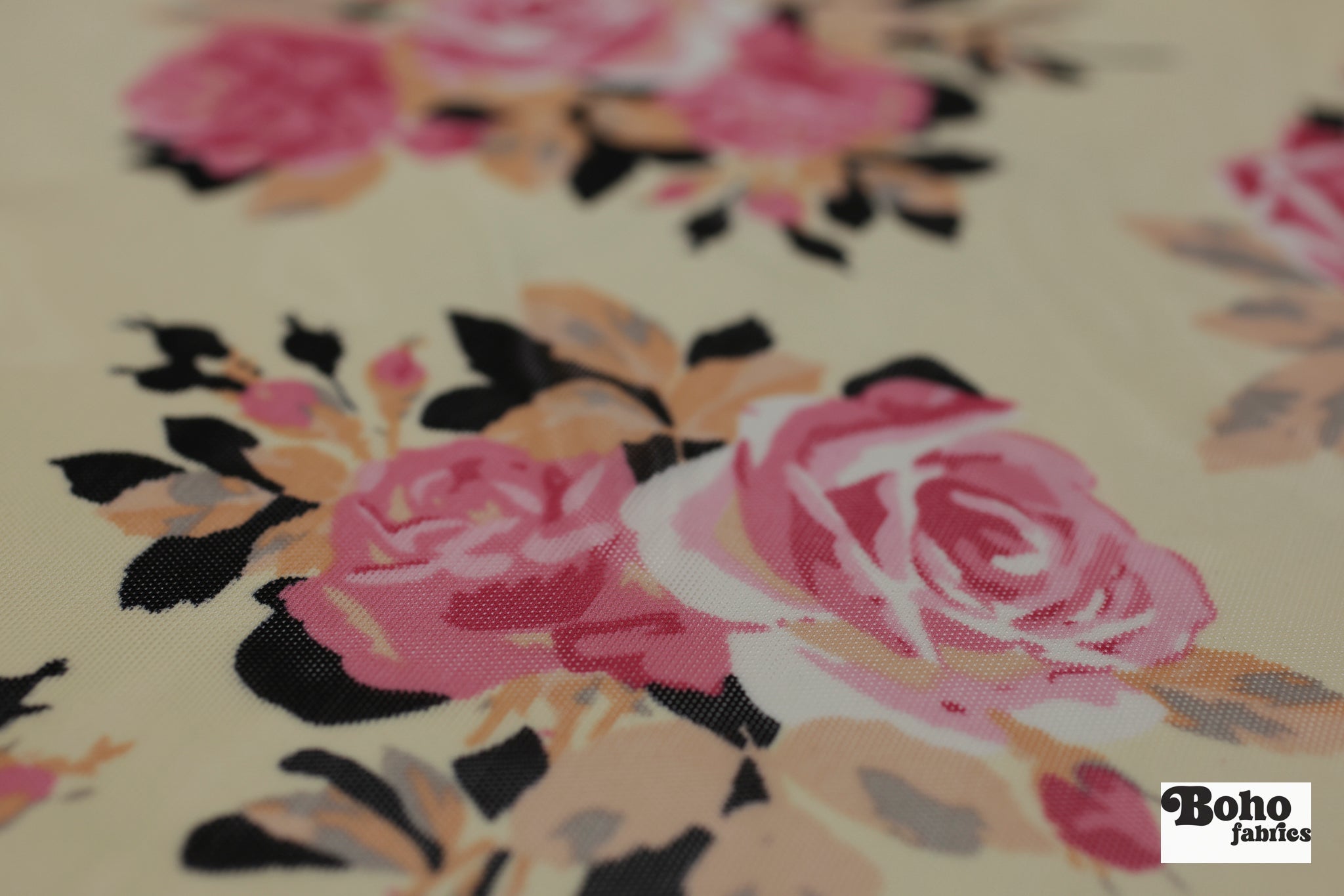 Pink Roses on Beige. Power Mesh - Boho Fabrics - Stretch Mesh