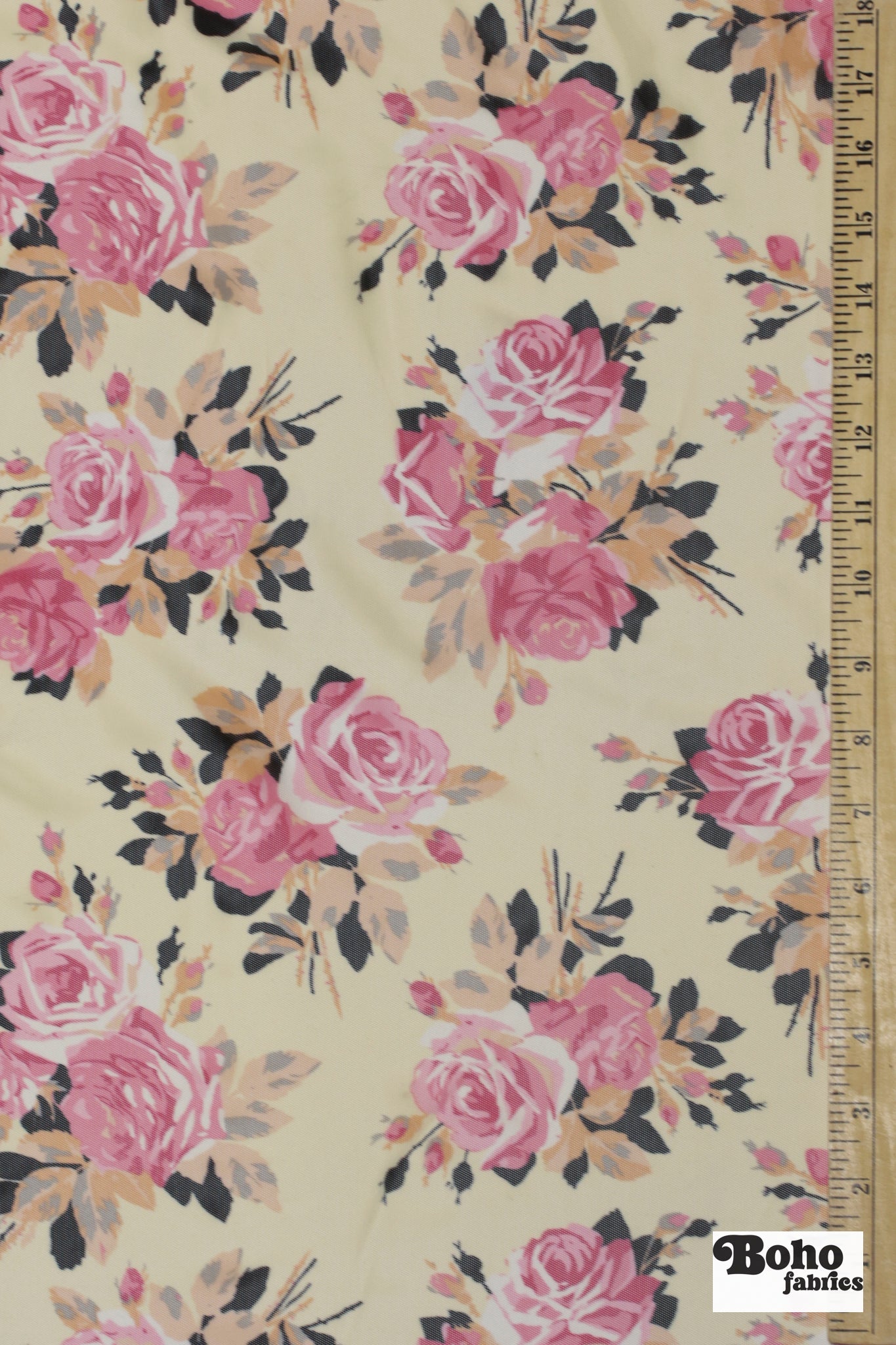 Pink Roses on Beige. Power Mesh - Boho Fabrics - Stretch Mesh