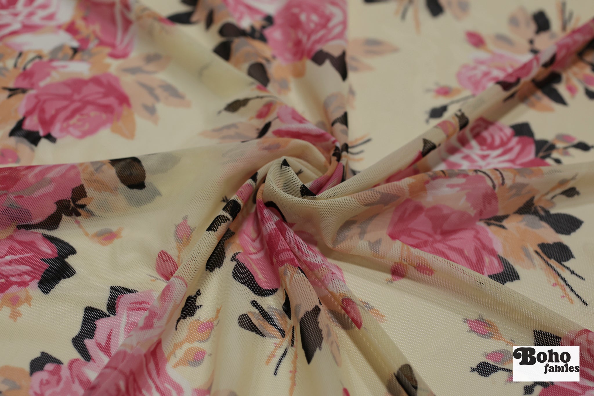 Pink Roses on Beige. Power Mesh - Boho Fabrics - Stretch Mesh