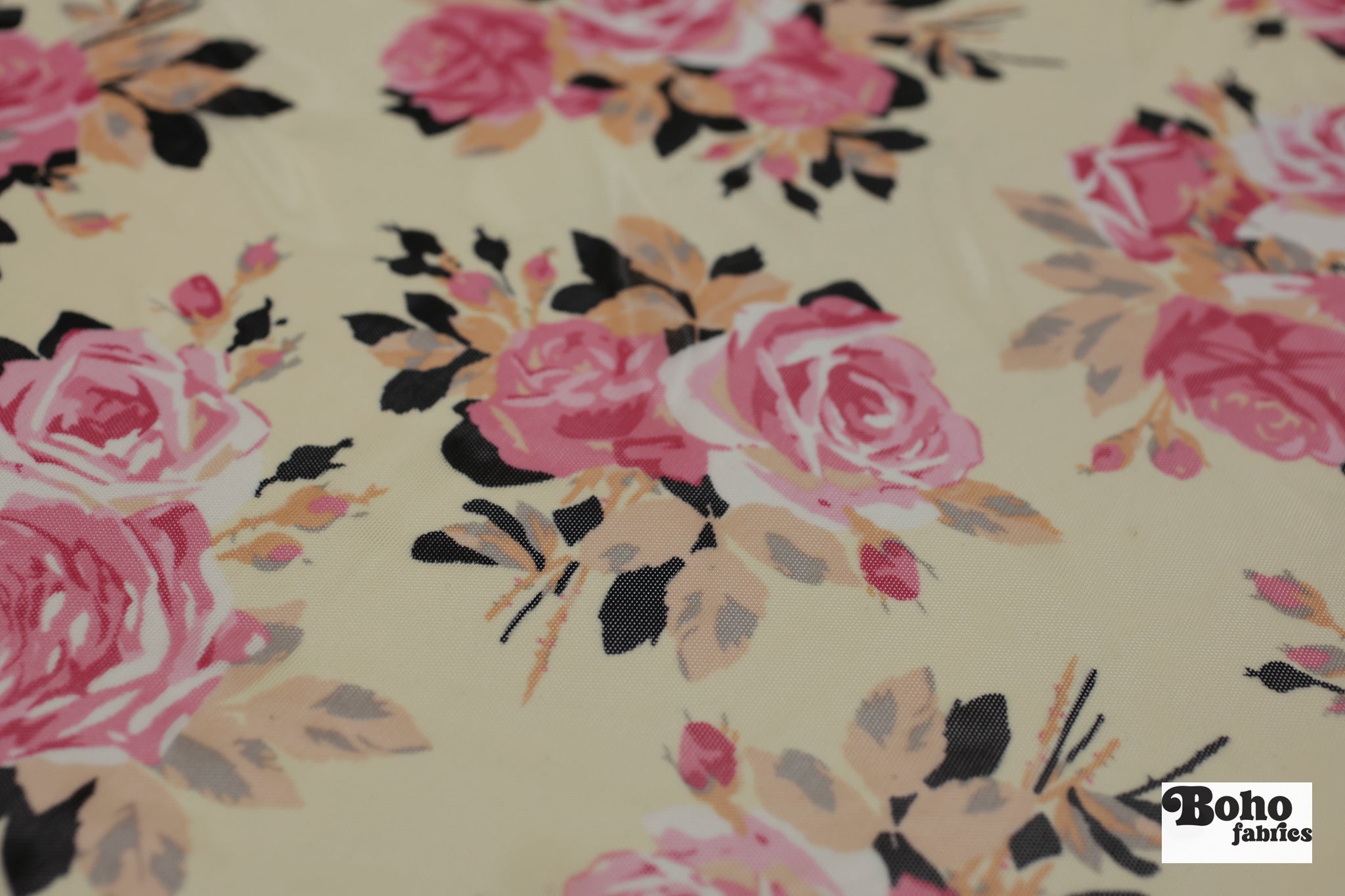 Pink Roses on Beige. Power Mesh - Boho Fabrics - Stretch Mesh