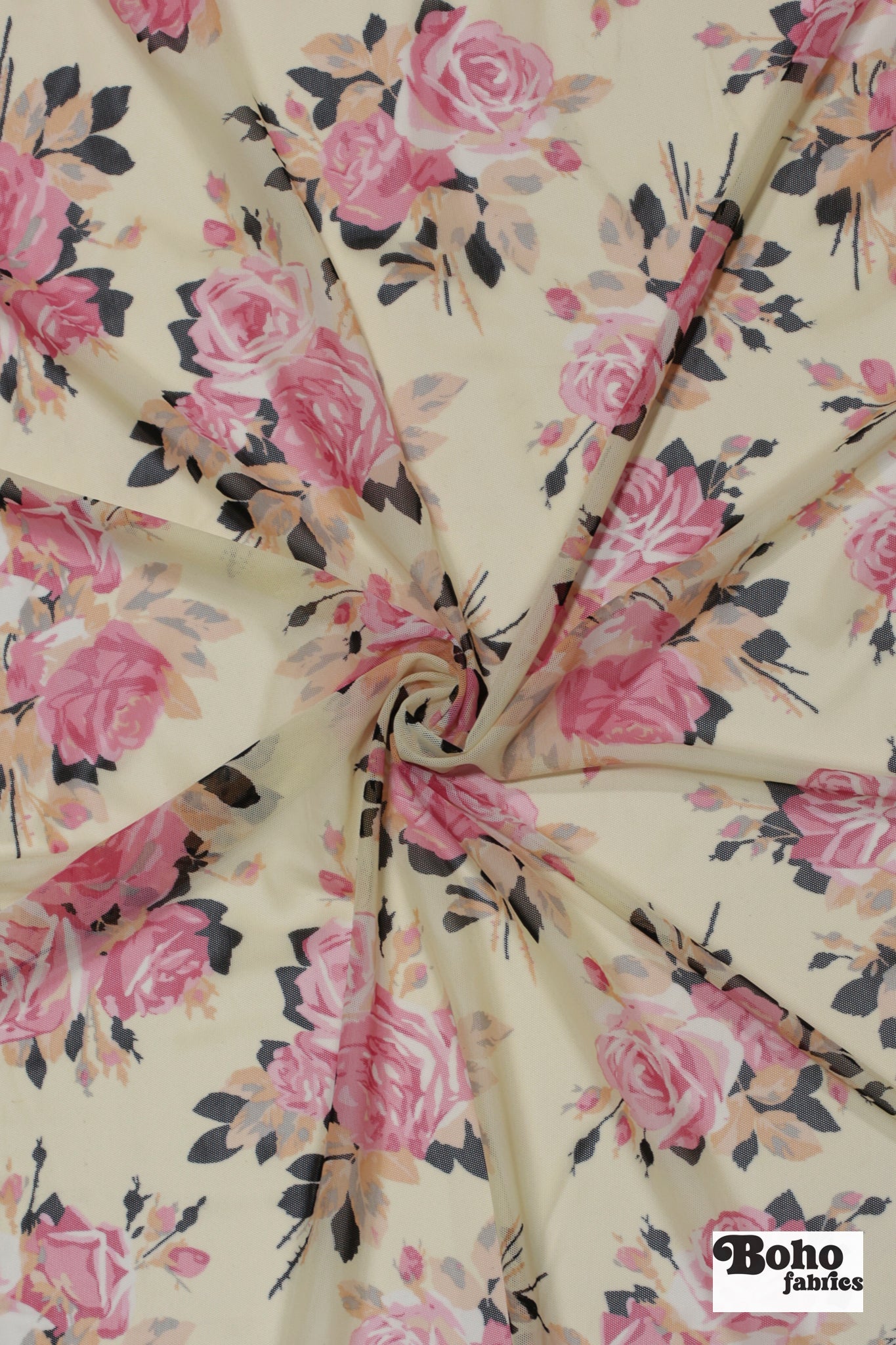 Pink Roses on Beige. Power Mesh - Boho Fabrics - Stretch Mesh