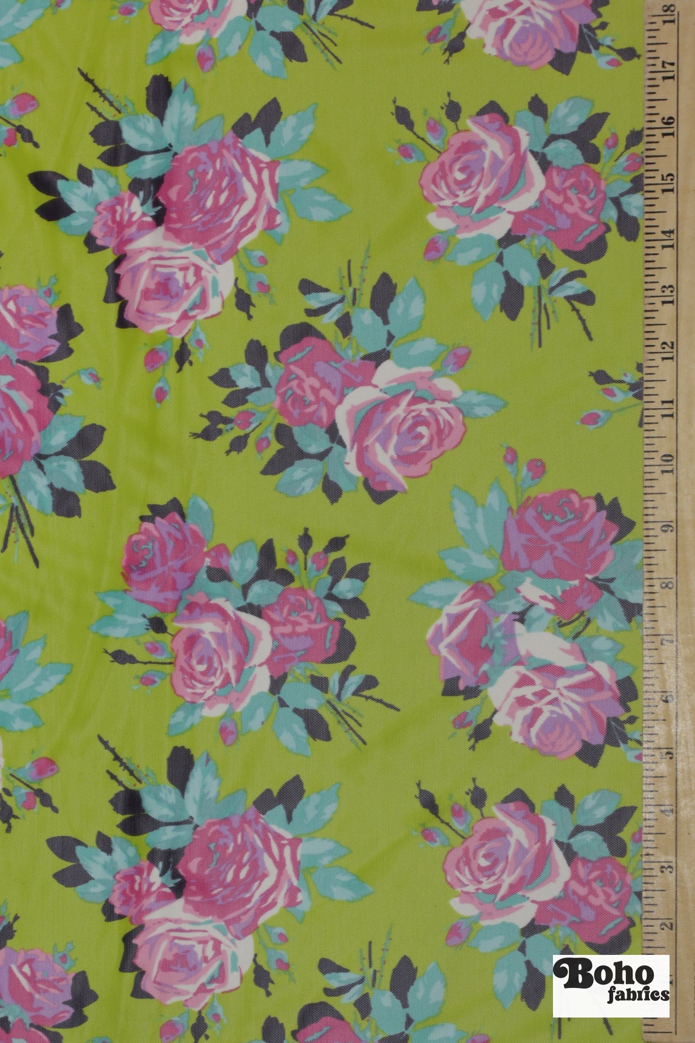 Pink Roses on Green. Power Mesh - Boho Fabrics - Stretch Mesh