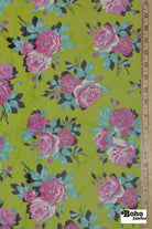 Pink Roses on Green. Power Mesh - Boho Fabrics - Stretch Mesh