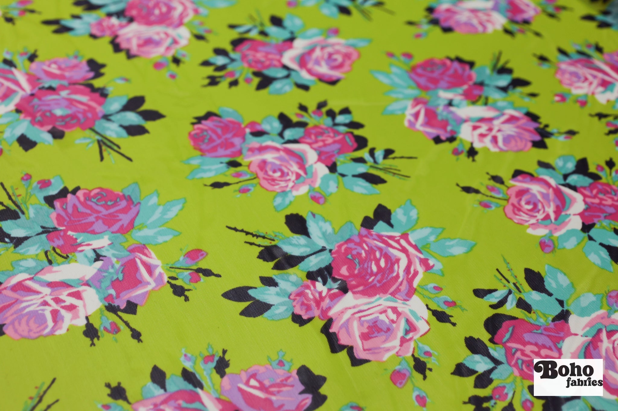 Pink Roses on Green. Power Mesh - Boho Fabrics - Stretch Mesh