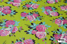 Pink Roses on Green. Power Mesh - Boho Fabrics - Stretch Mesh
