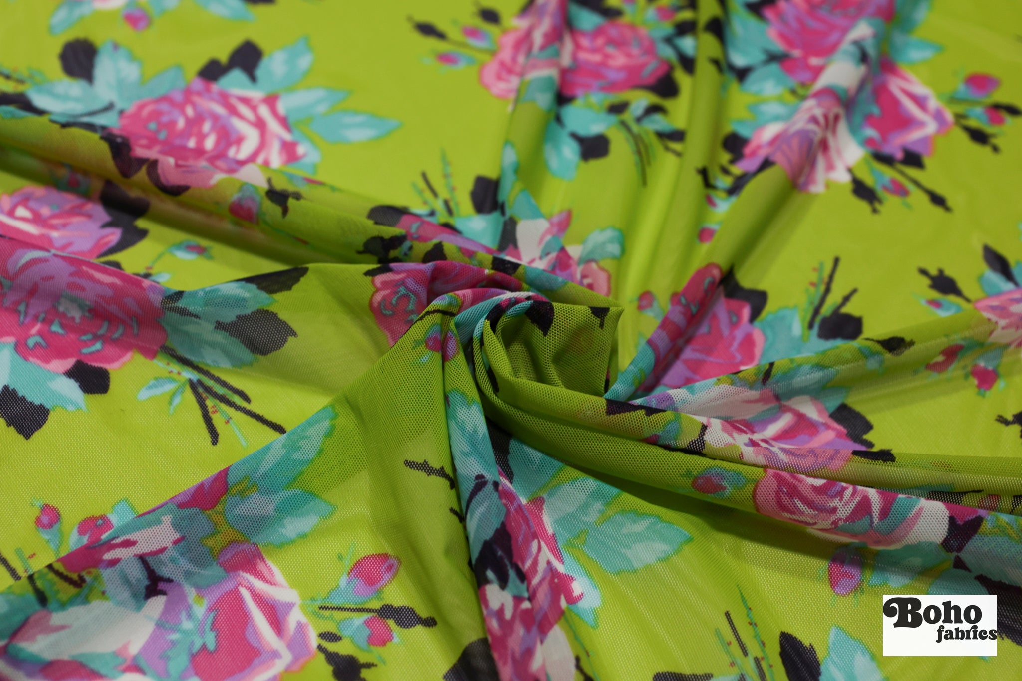 Pink Roses on Green. Power Mesh - Boho Fabrics - Stretch Mesh