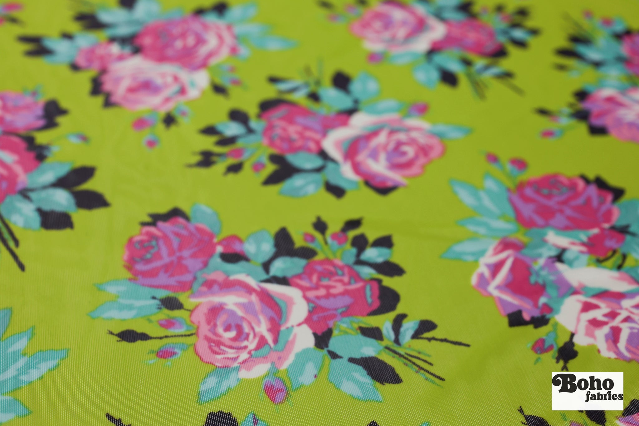 Pink Roses on Green. Power Mesh - Boho Fabrics - Stretch Mesh