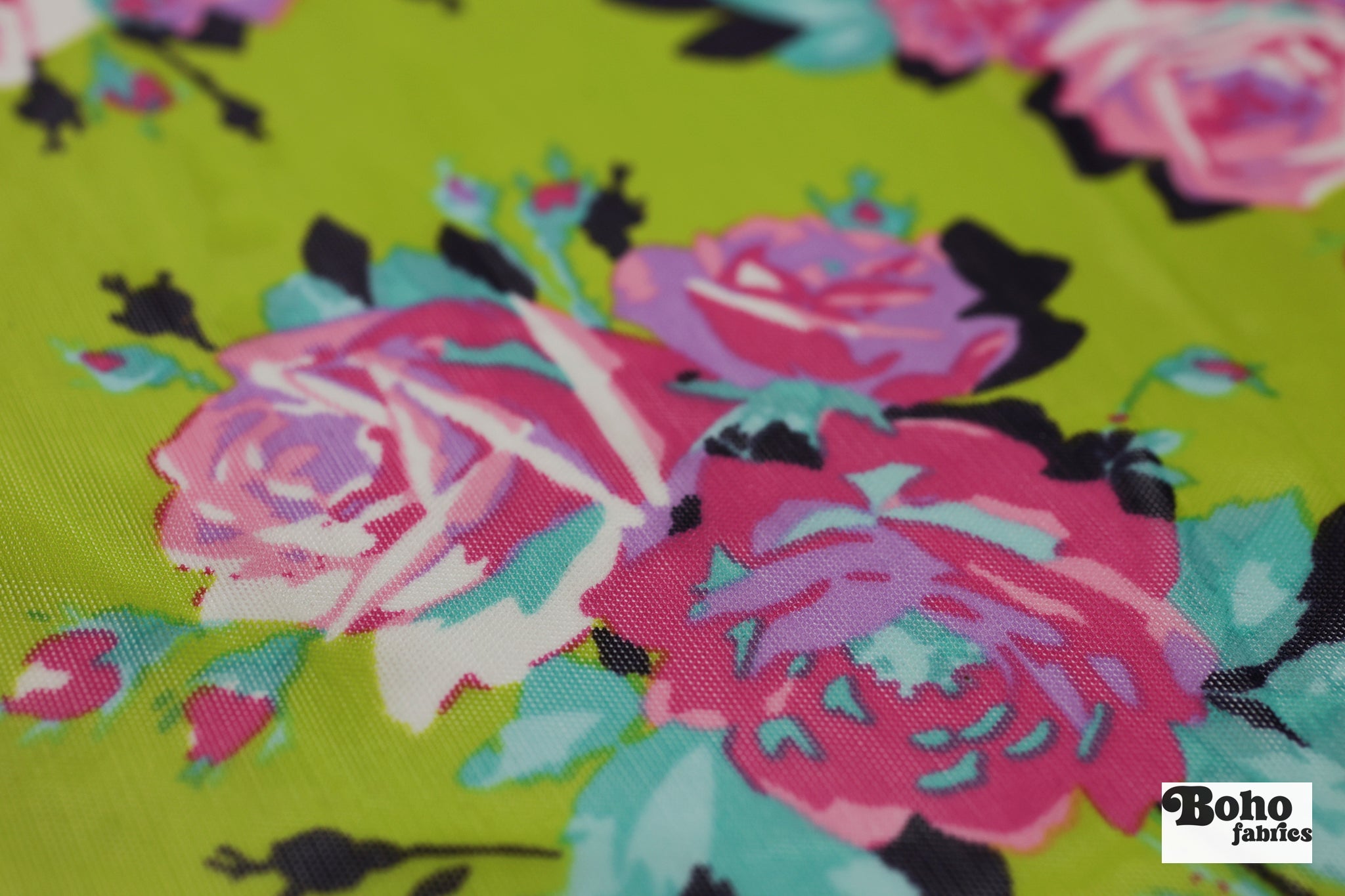 Pink Roses on Green. Power Mesh - Boho Fabrics - Stretch Mesh