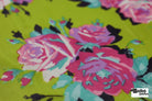 Pink Roses on Green. Power Mesh - Boho Fabrics - Stretch Mesh