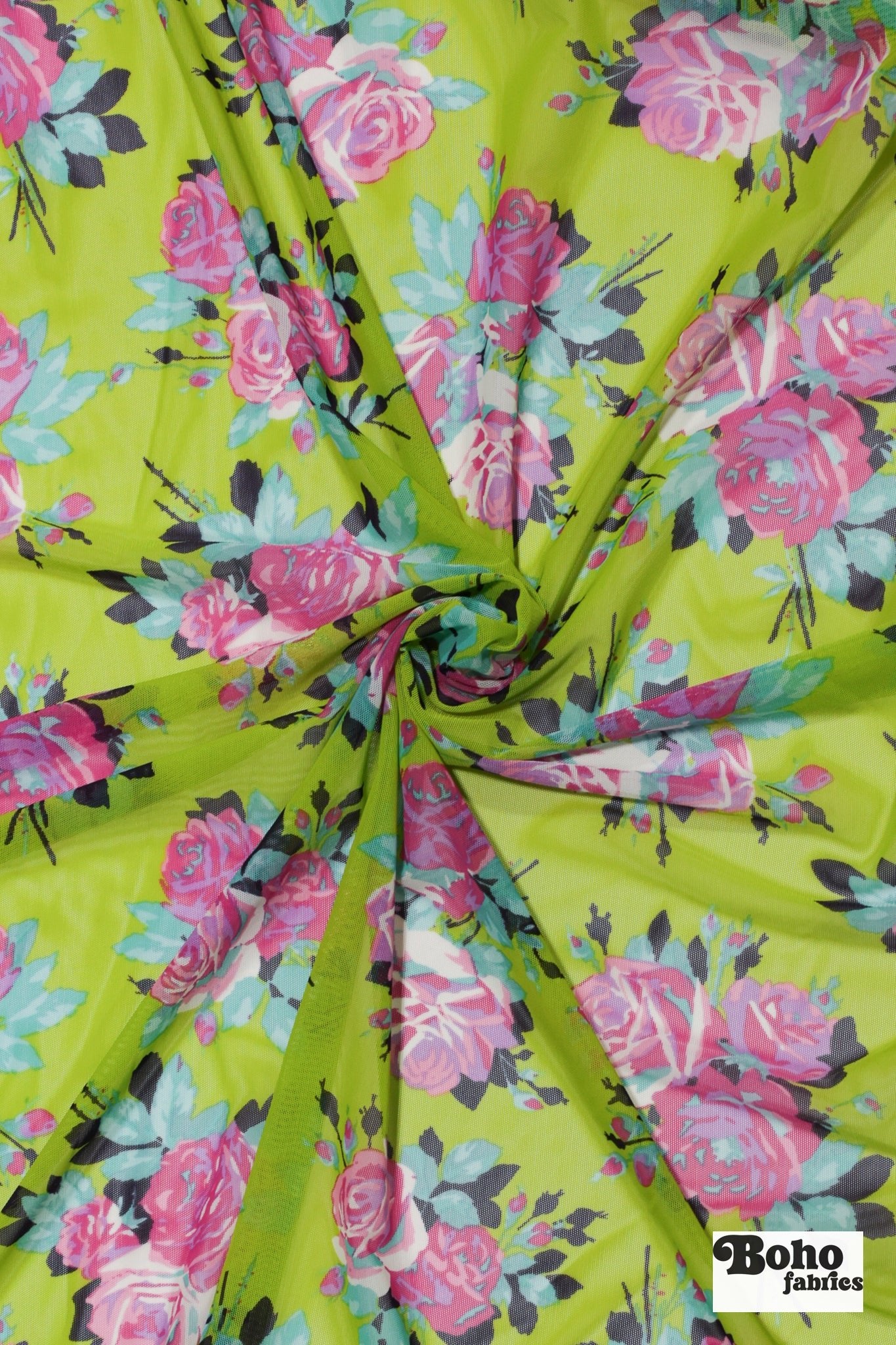Pink Roses on Green. Power Mesh - Boho Fabrics - Stretch Mesh
