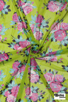 Pink Roses on Green. Power Mesh - Boho Fabrics - Stretch Mesh