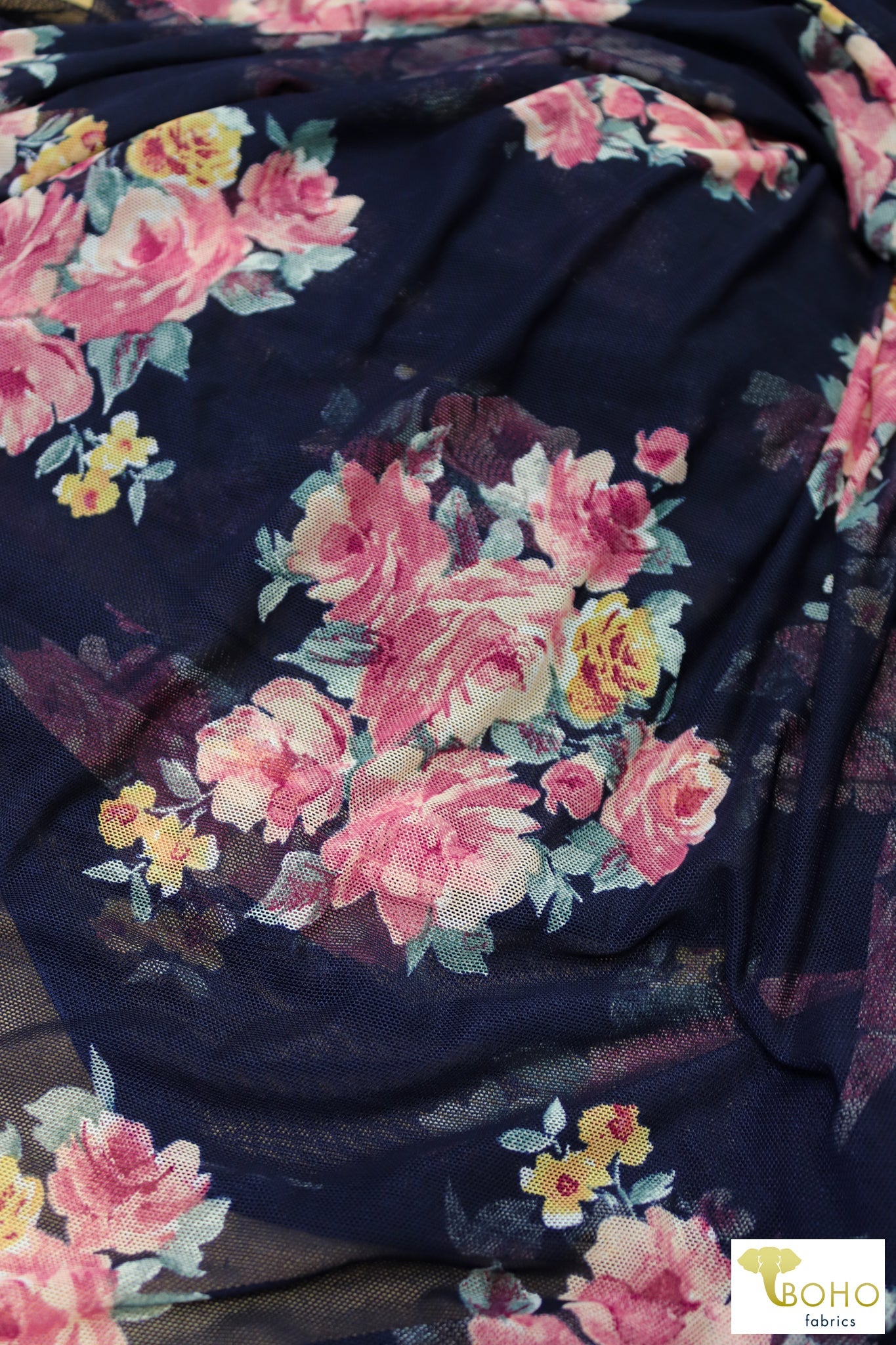 Pink Roses on Navy. Stretch Mesh Print. - Boho Fabrics