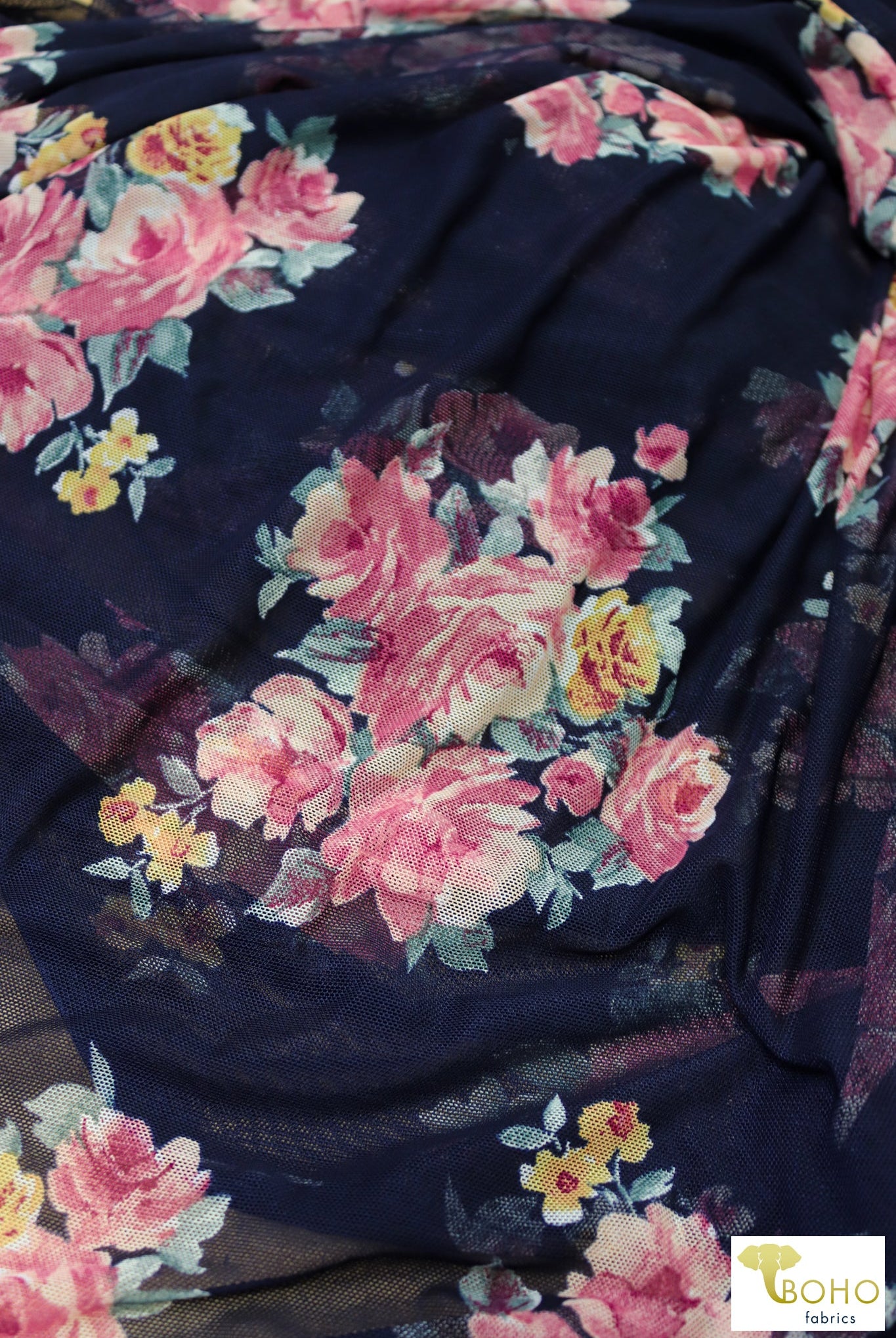 Pink Roses on Navy. Stretch Mesh Print. - Boho Fabrics