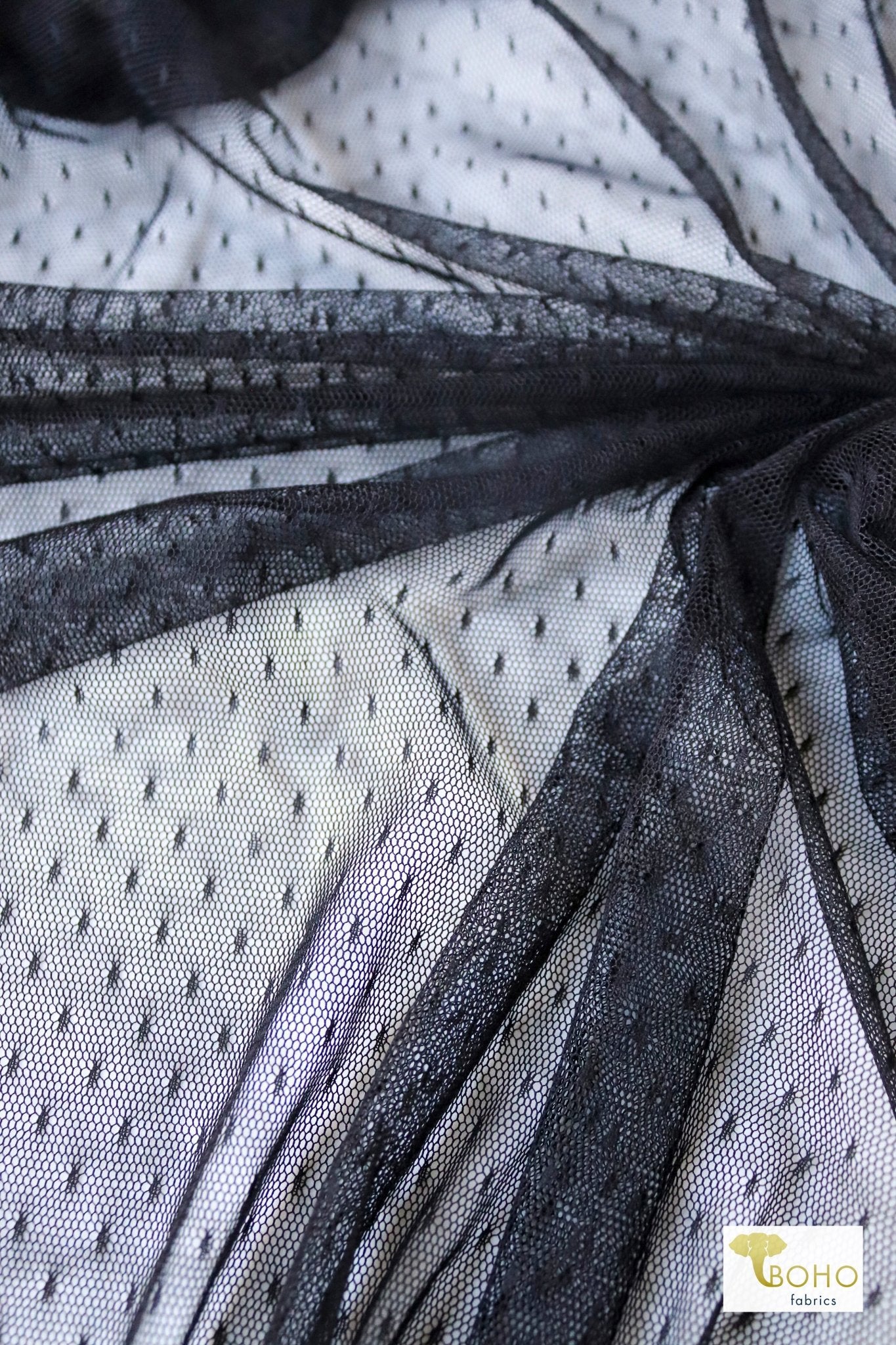 Point D'Espirit Black, Stretch Mesh Fabric. - Boho Fabrics