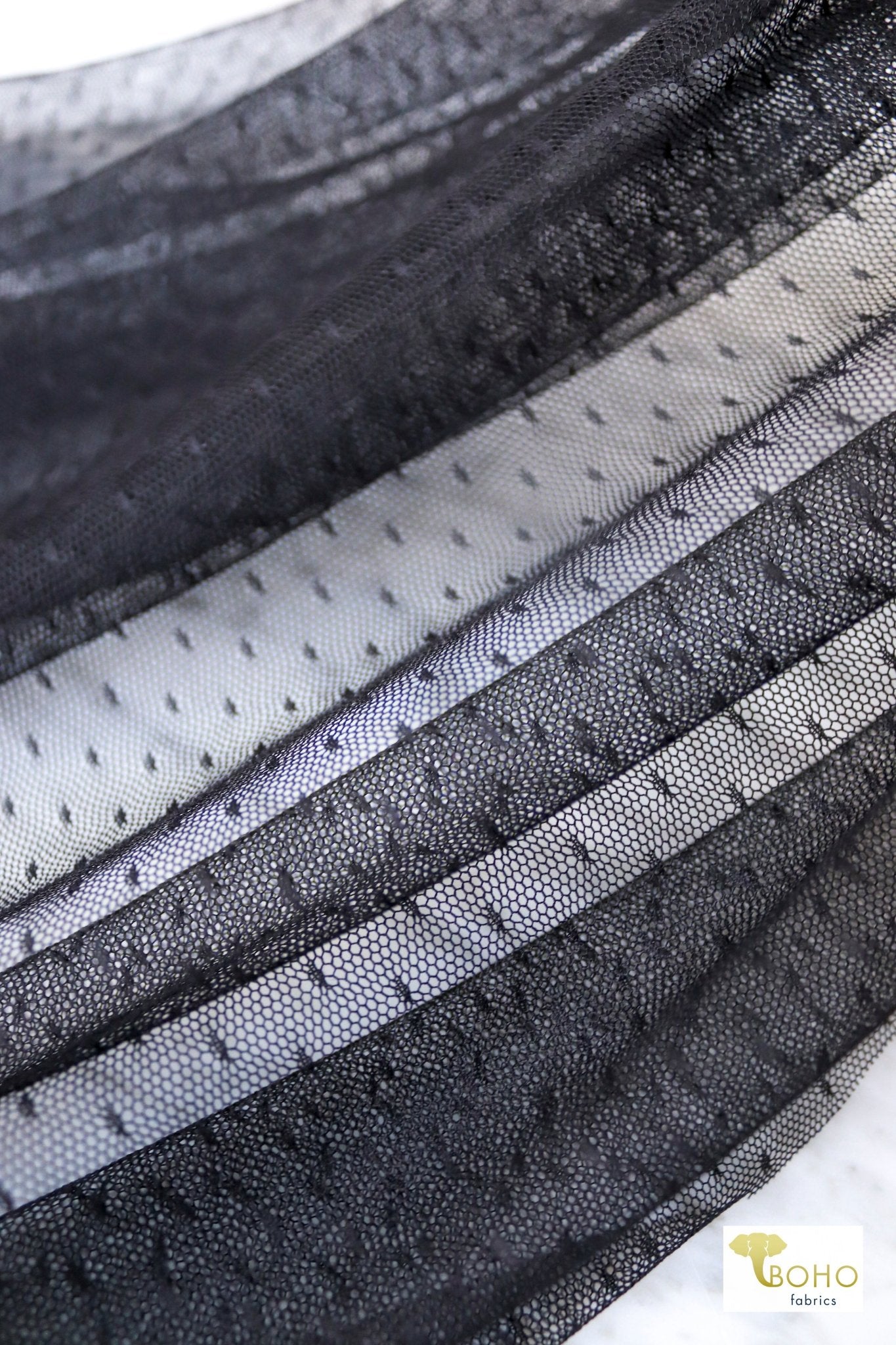 Point D'Espirit Black, Stretch Mesh Fabric. - Boho Fabrics